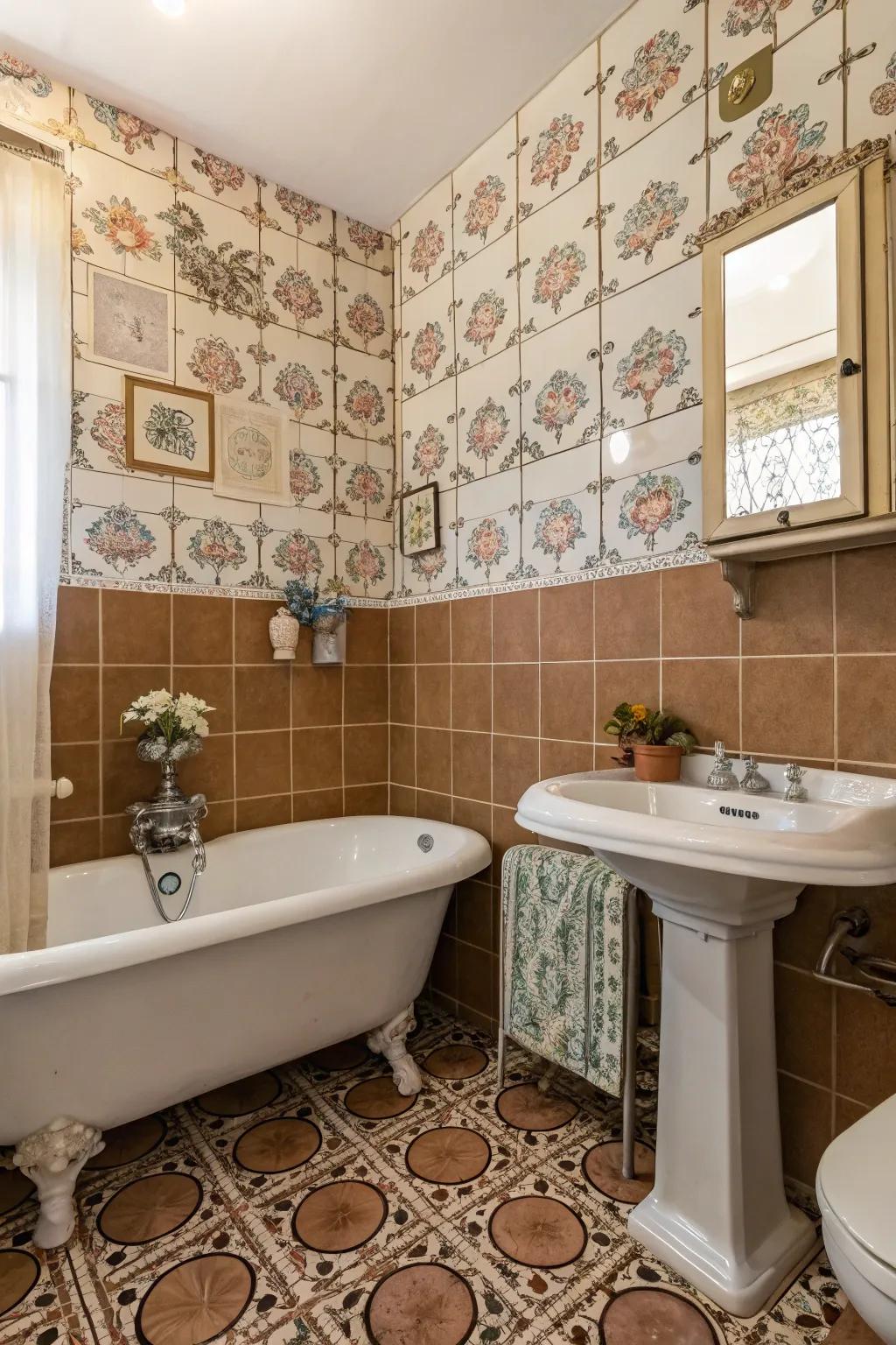 Flower imagery contributes a charming, feminine touch to vintage tiles.