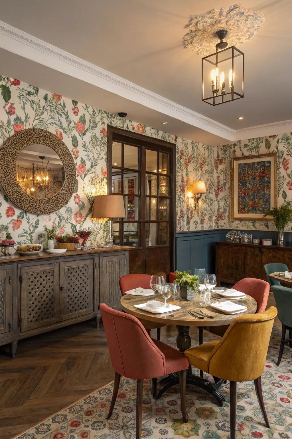 Eclectic wallpaper creates a vibrant and inviting dining space.