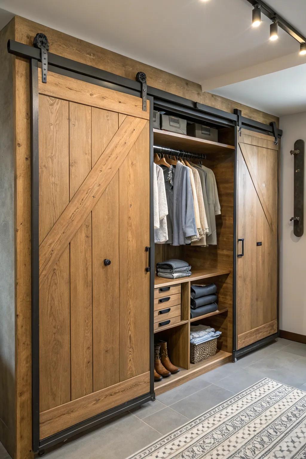 Mixed materials add depth and texture to wardrobe interiors.