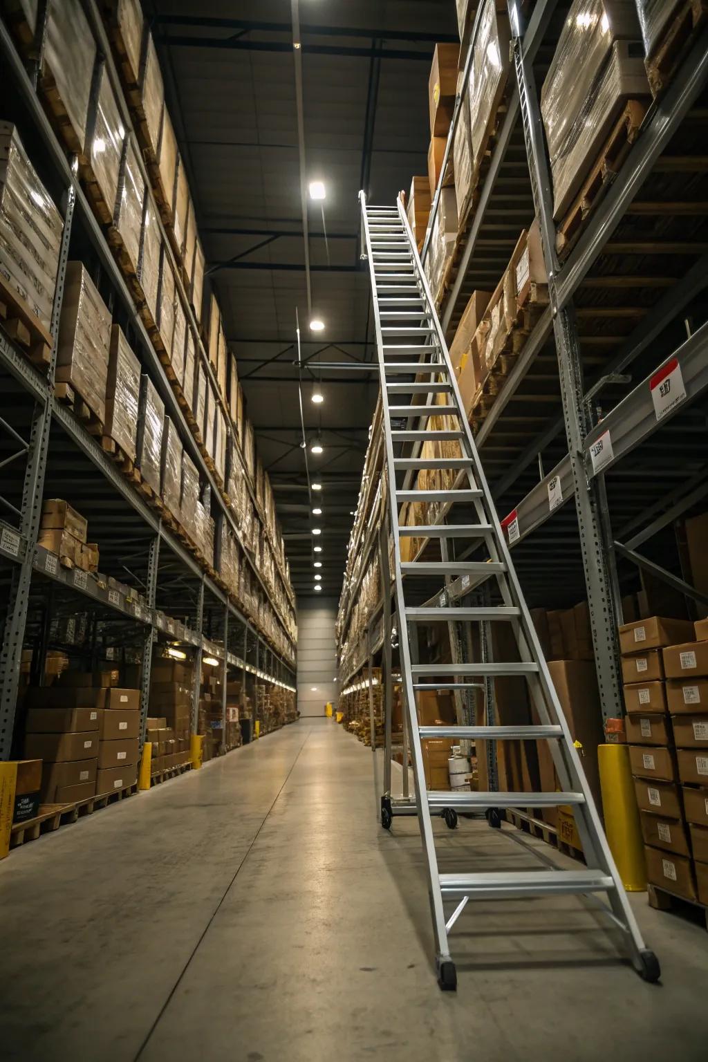 Rolling ladders offer safe access to vertical storage areas.