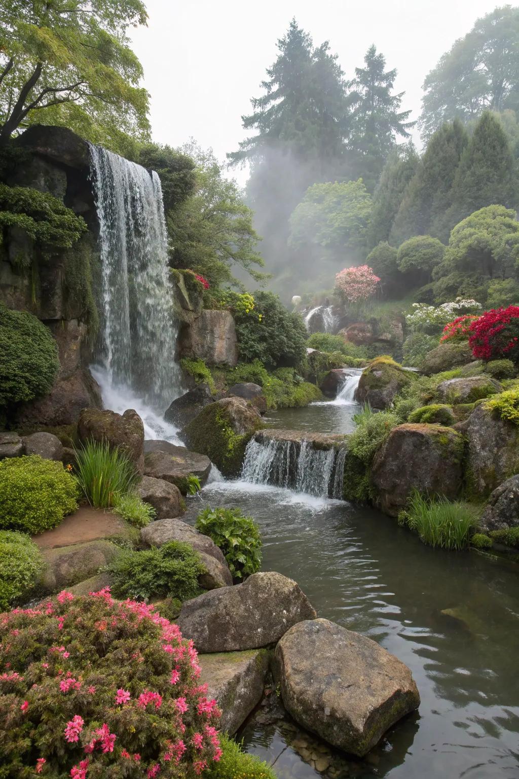 Levitating rocks inside a waterfall design capture the imagination.