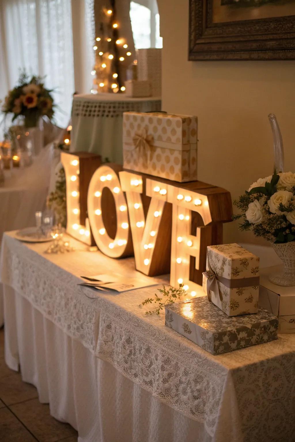 Marquee bulb markers add warmth to evening weddings.