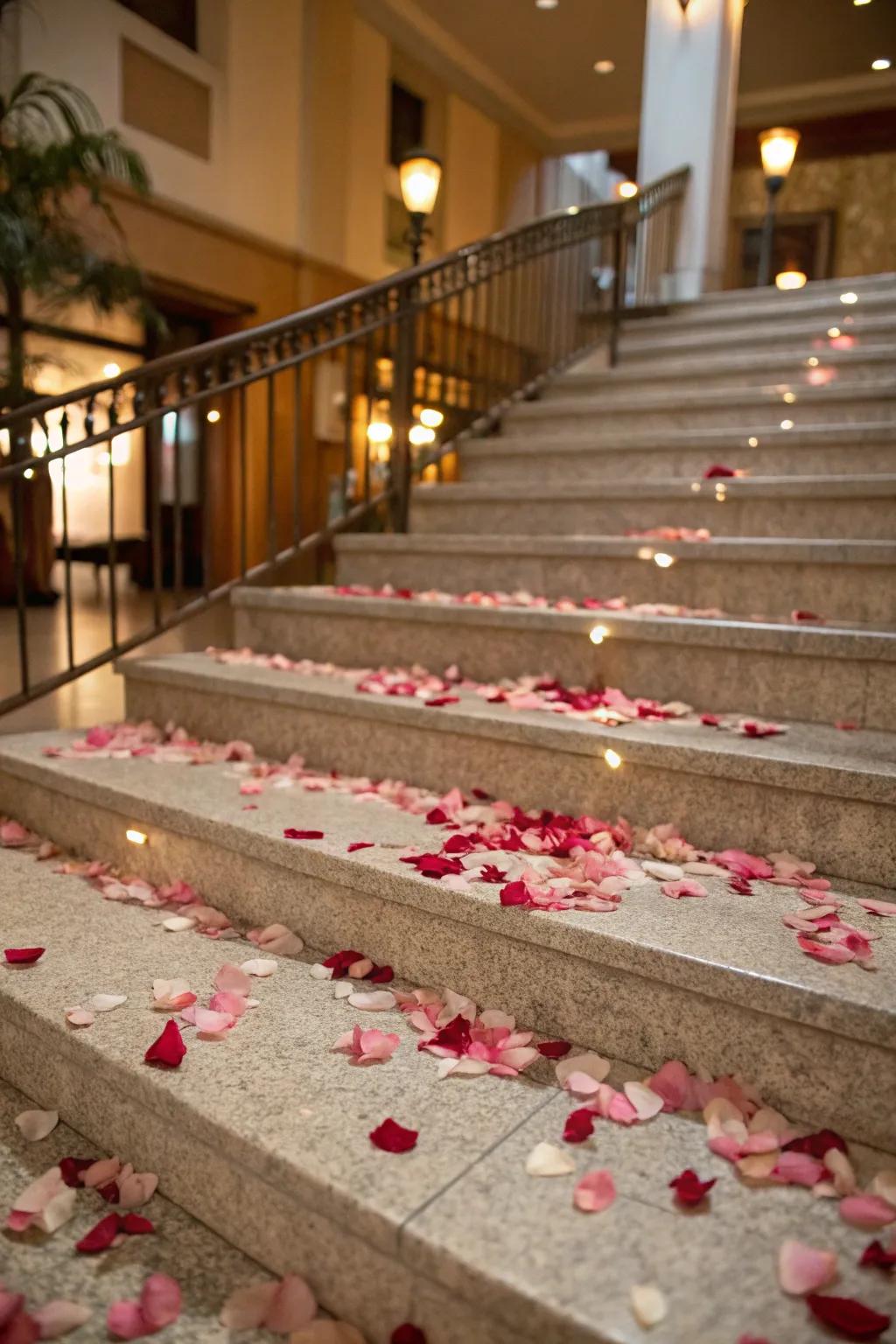 Rose petals scattered along the steps add classic romantic elegance.
