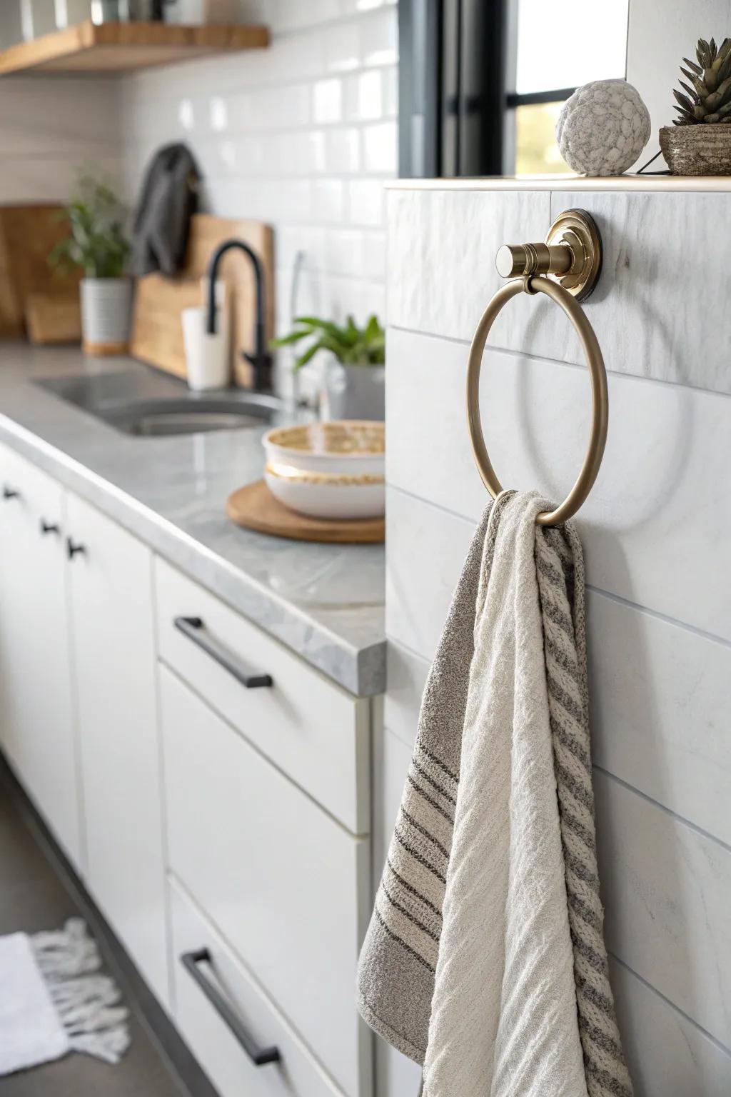 Employ a panache-filled loop for a straightforward yet elegant means to suspend kitchen towels.