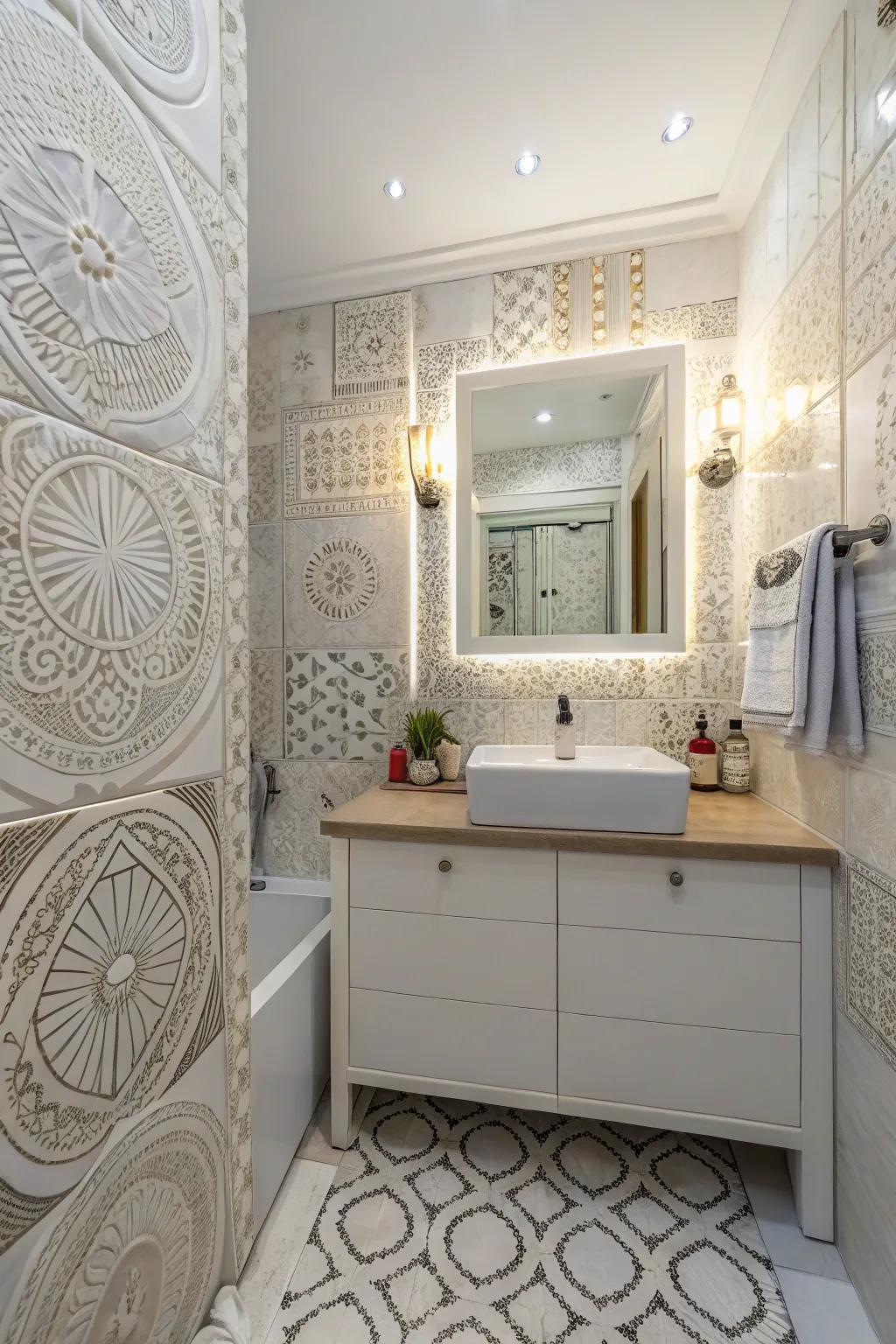 Mosaics add a whimsical touch to bleached-tiled walls.