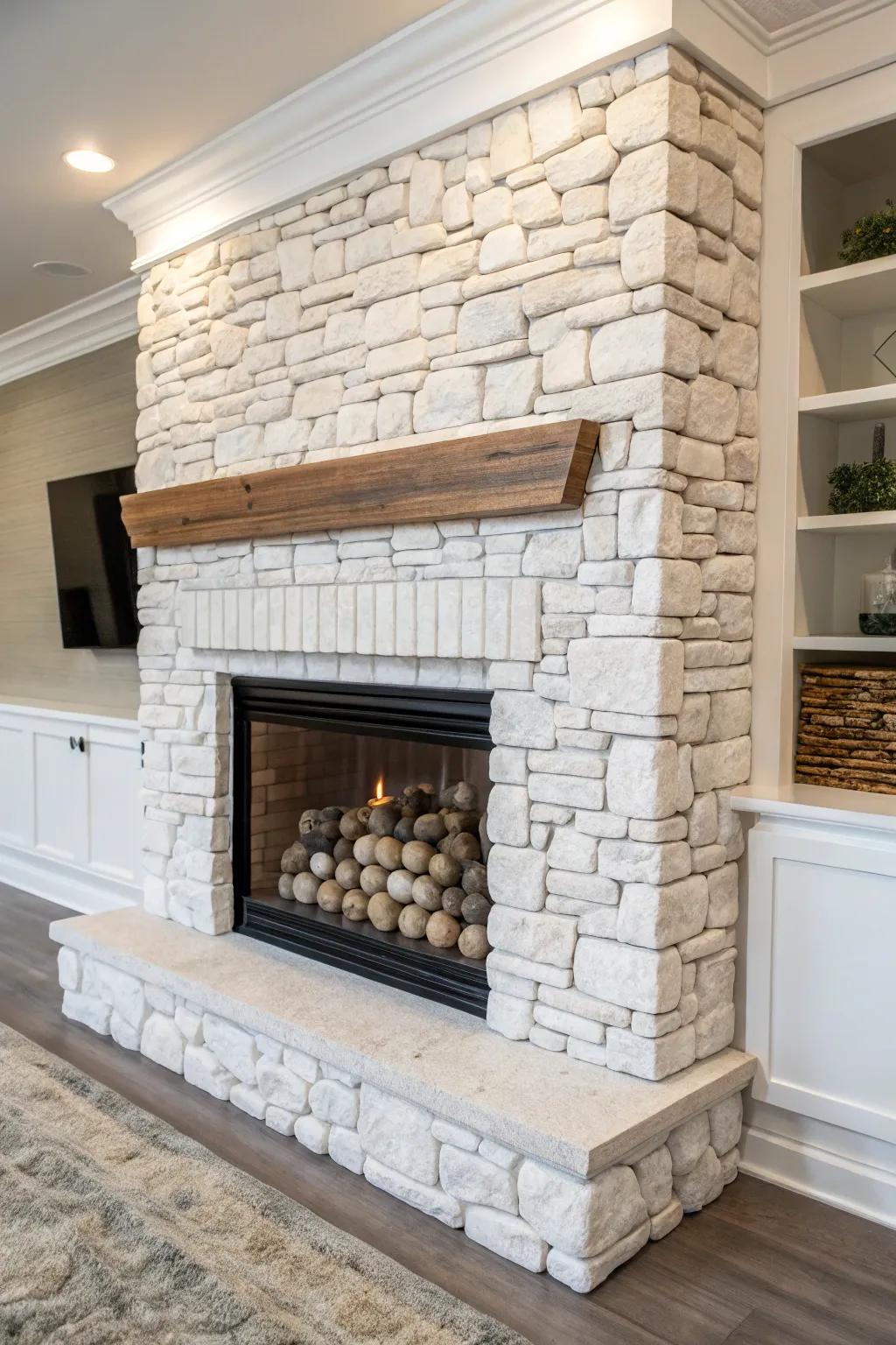 Mixed materials conjure a dynamic and captivating fireplace design.
