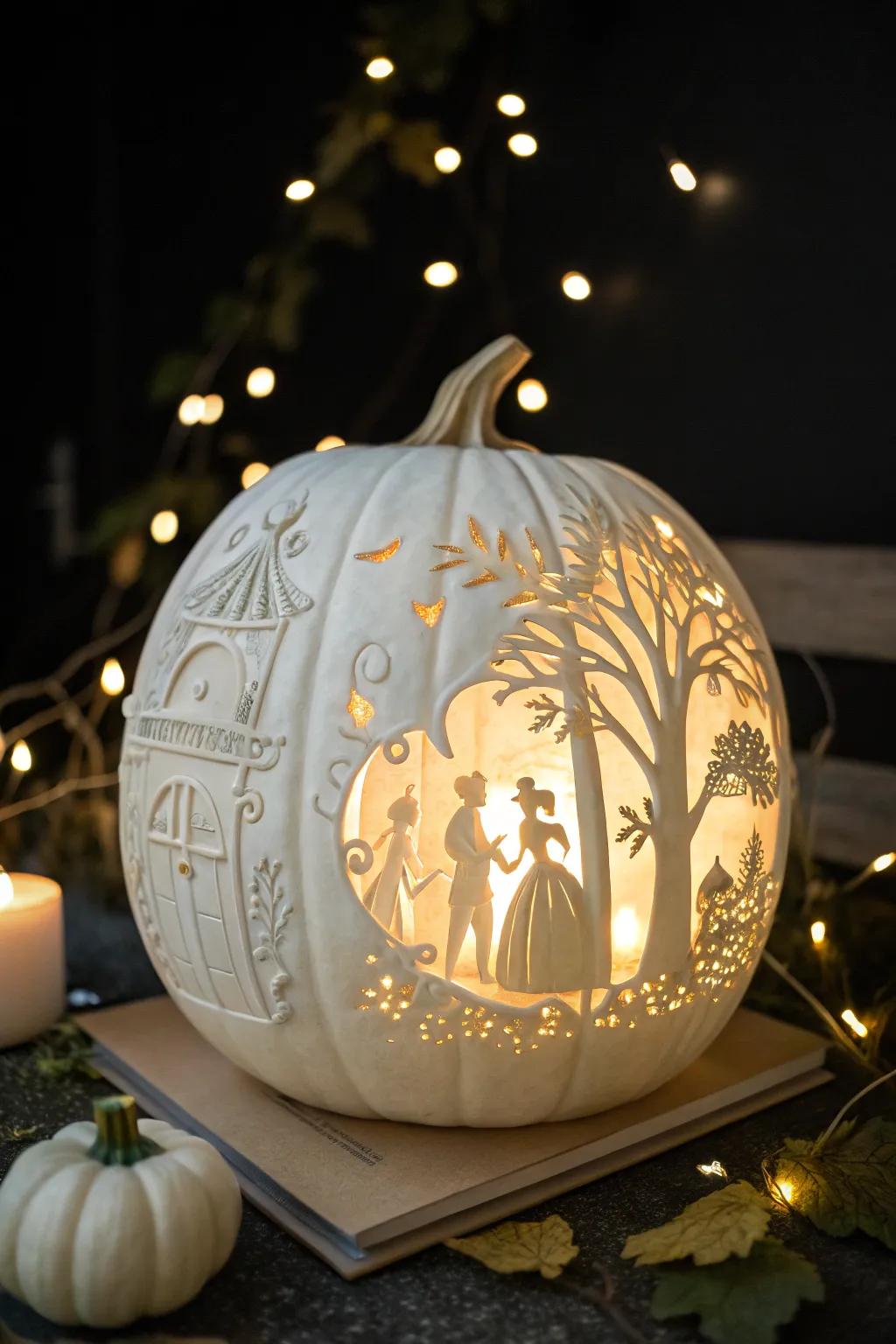 Fairy tale scenes sculpted into a pumpkin, creating a magical display.