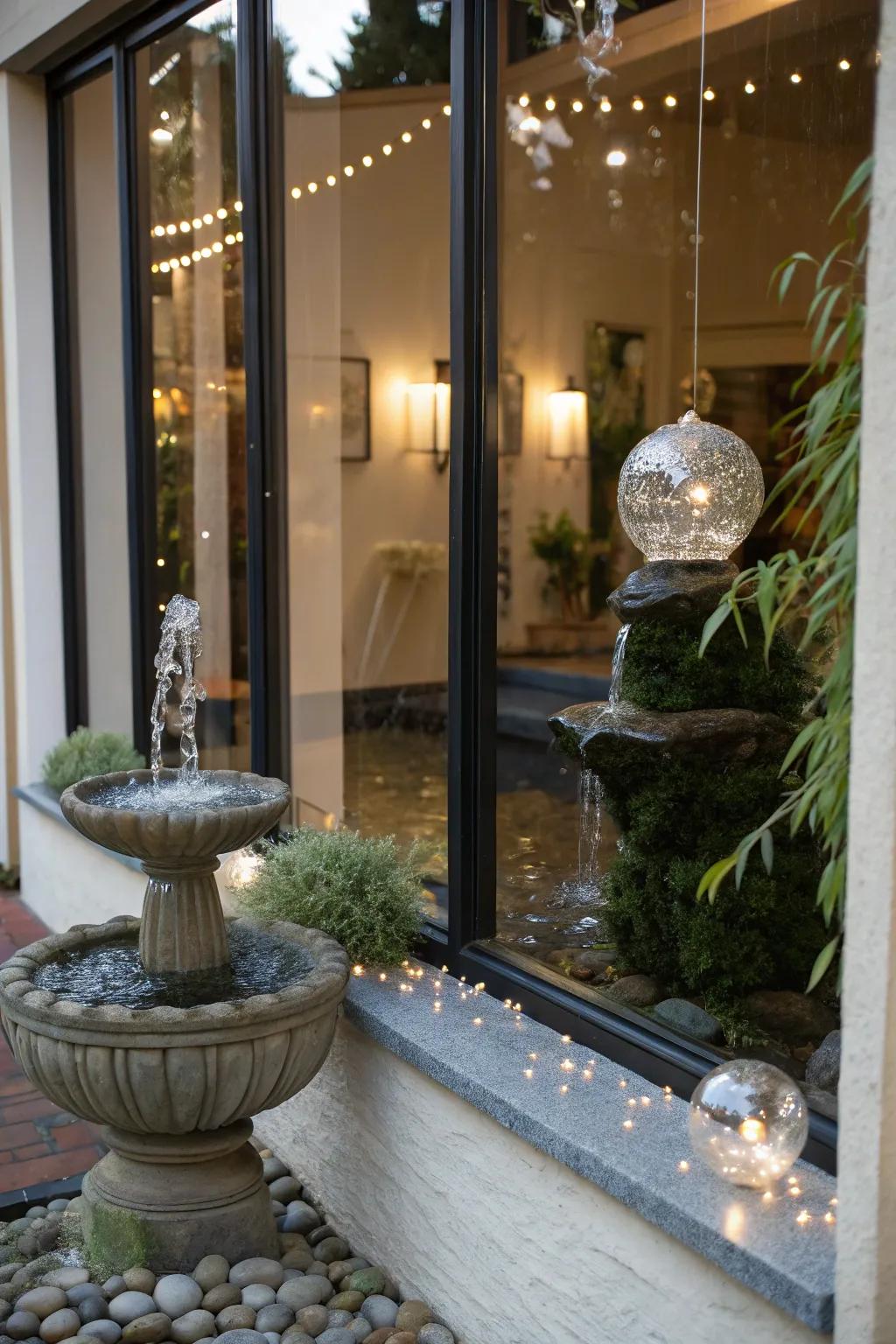 Reflective surfaces design a serene and meditative window setting.