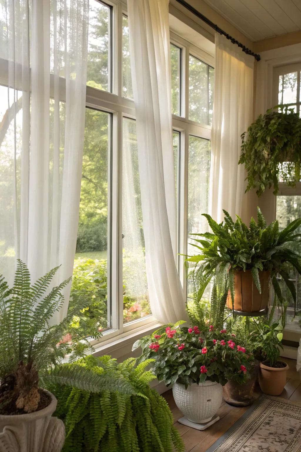 Flora complements ethereal curtains in this invigorating sun-drenched chamber.
