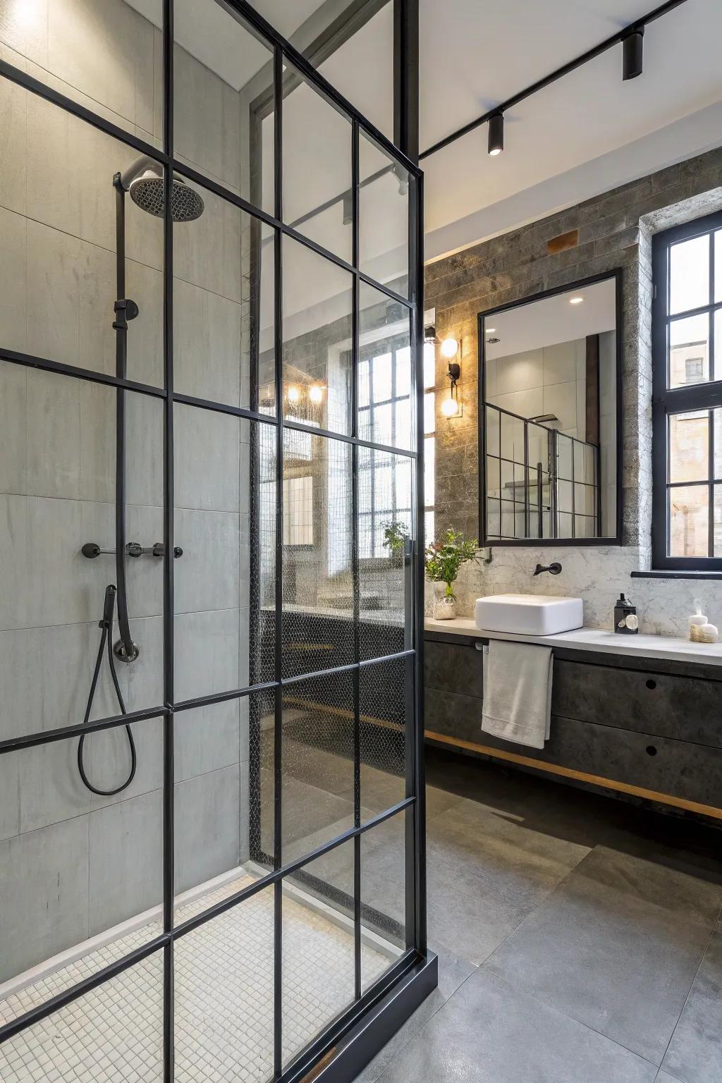 Metal frames deliver an industrial edge to the shower window.