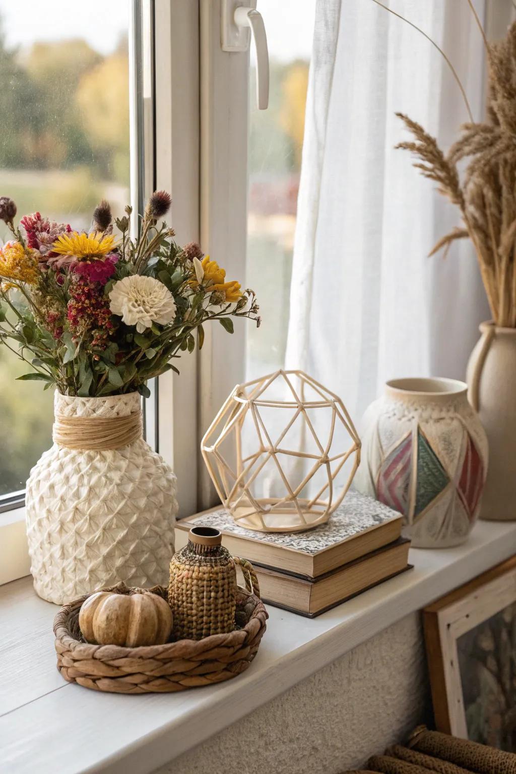 An eclectic mix of decor elements creates a personalized windowsill.
