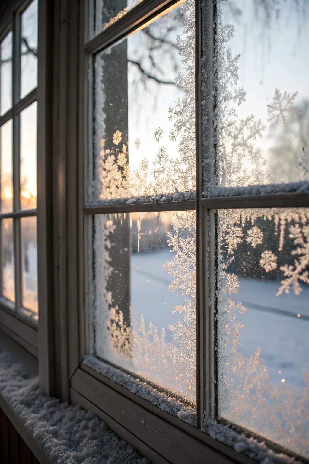 Crystallized panes transport the snug sensation of a winter cabin indoors.