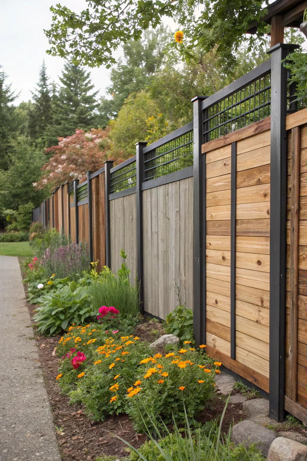 A fence with flow with dynamic lengths of wood and metal paneling.