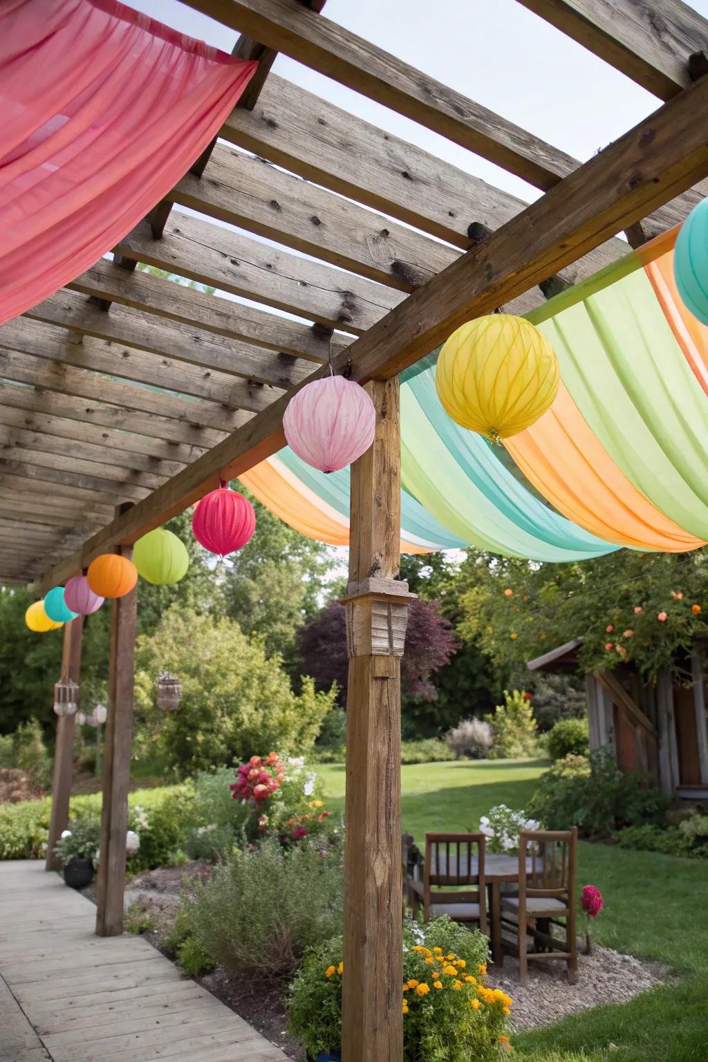 A playful fabric shade creating a fanciful patio roof.