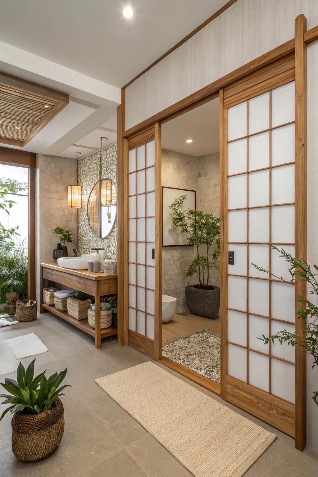 Shoji-style wood doors provide a serene and balanced bathroom design.