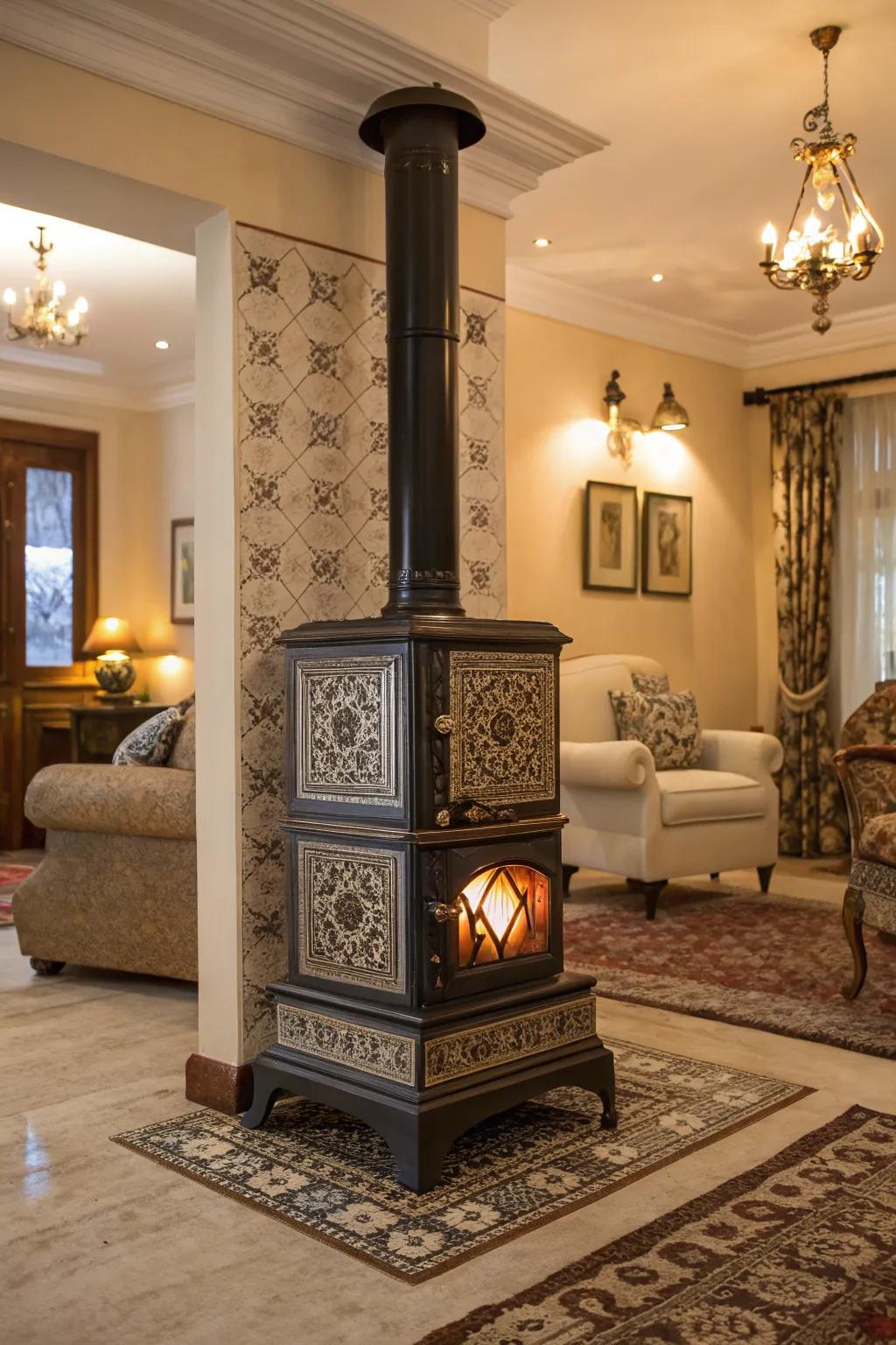 Art Deco tiles infuse glamour and luxury into your wood stove area.