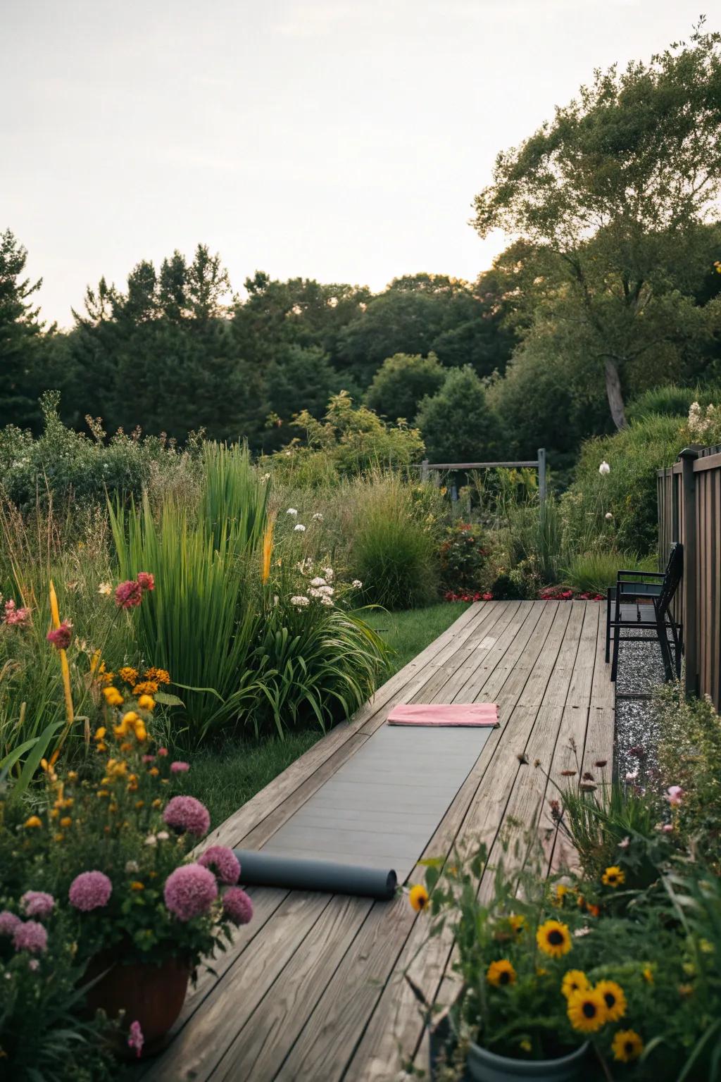 A tranquil yoga platform providing a serene exercise space.
