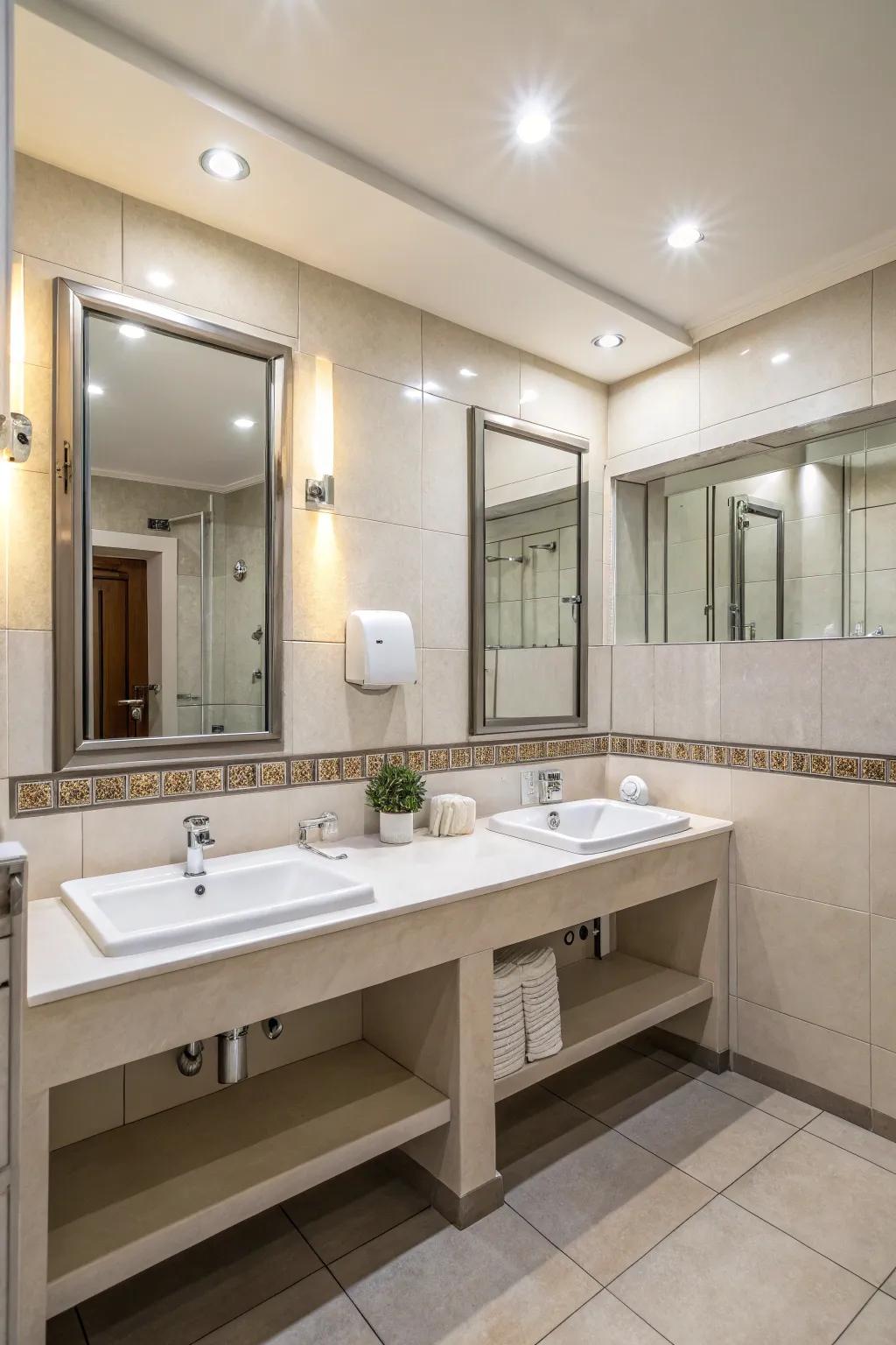 Strategically placed reflectors can amplify brightness and space in small bathrooms.