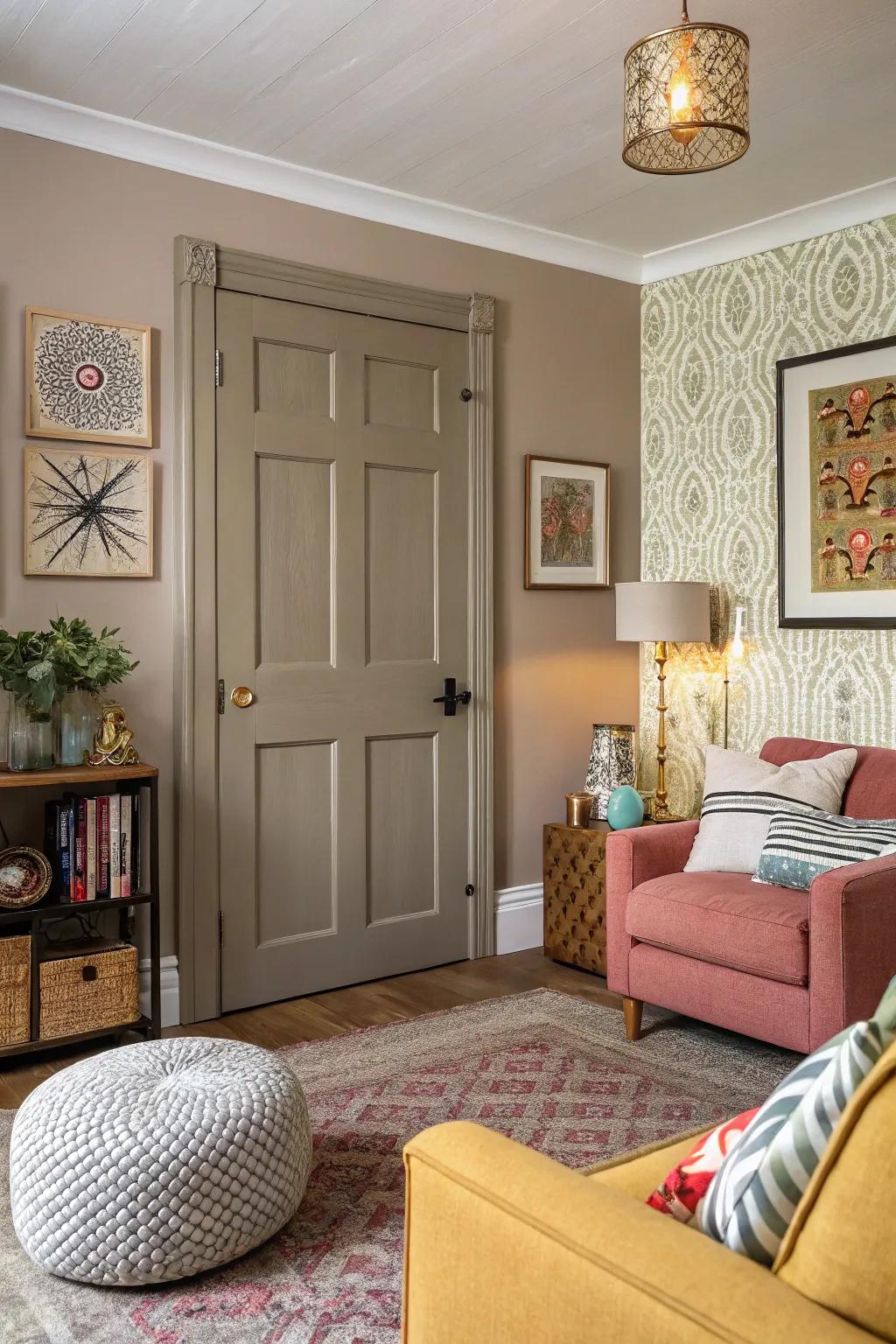A taupe 6-panel door provides a neutral backdrop for any cozy living room.