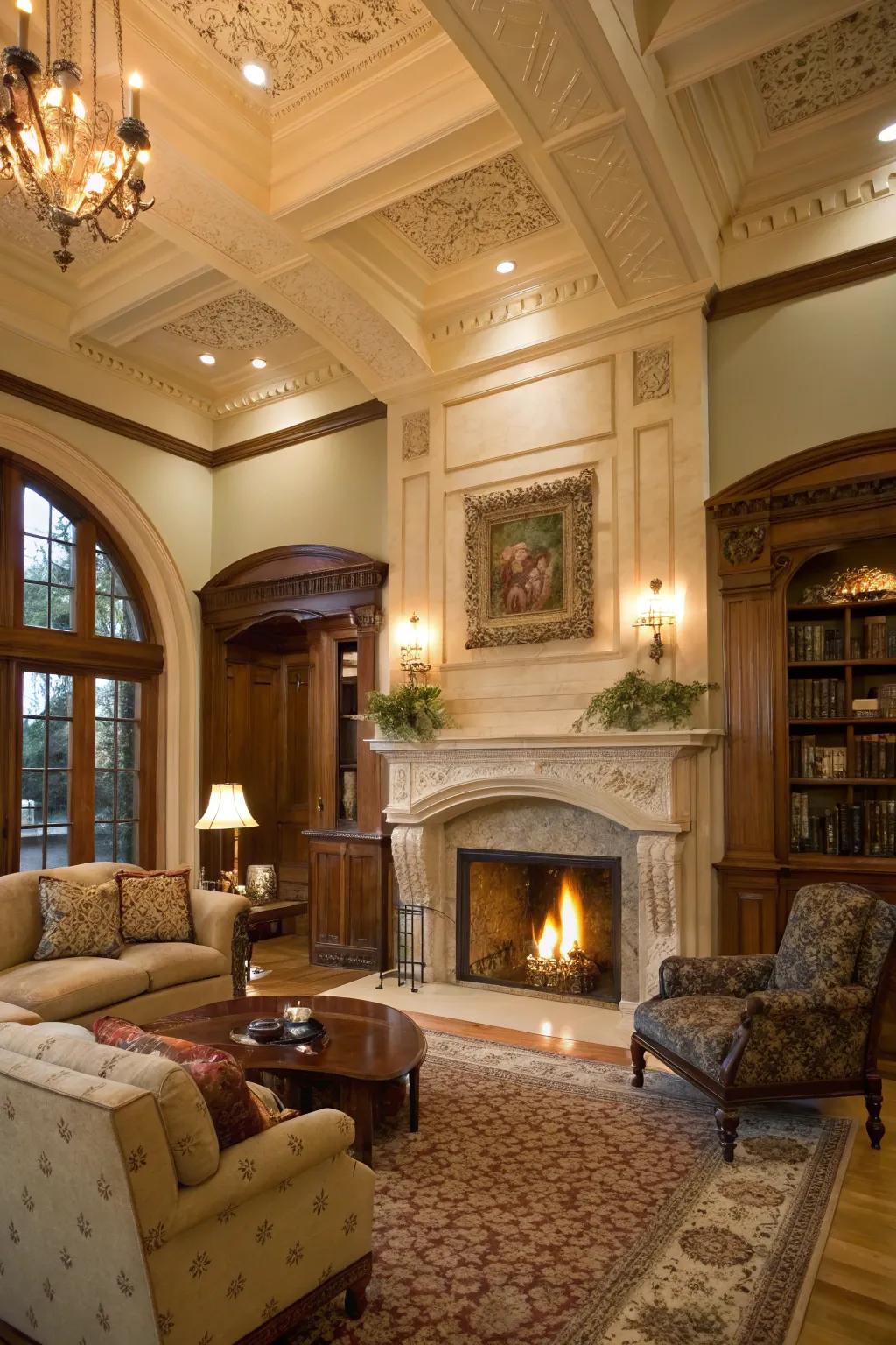 Constructional components impart depth and elegance above the fireplace.
