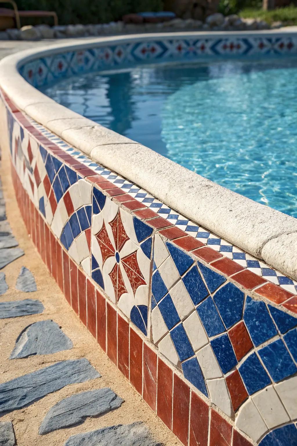 Transform your poolside through artistic mosaic tiles for a Mediterranean element.