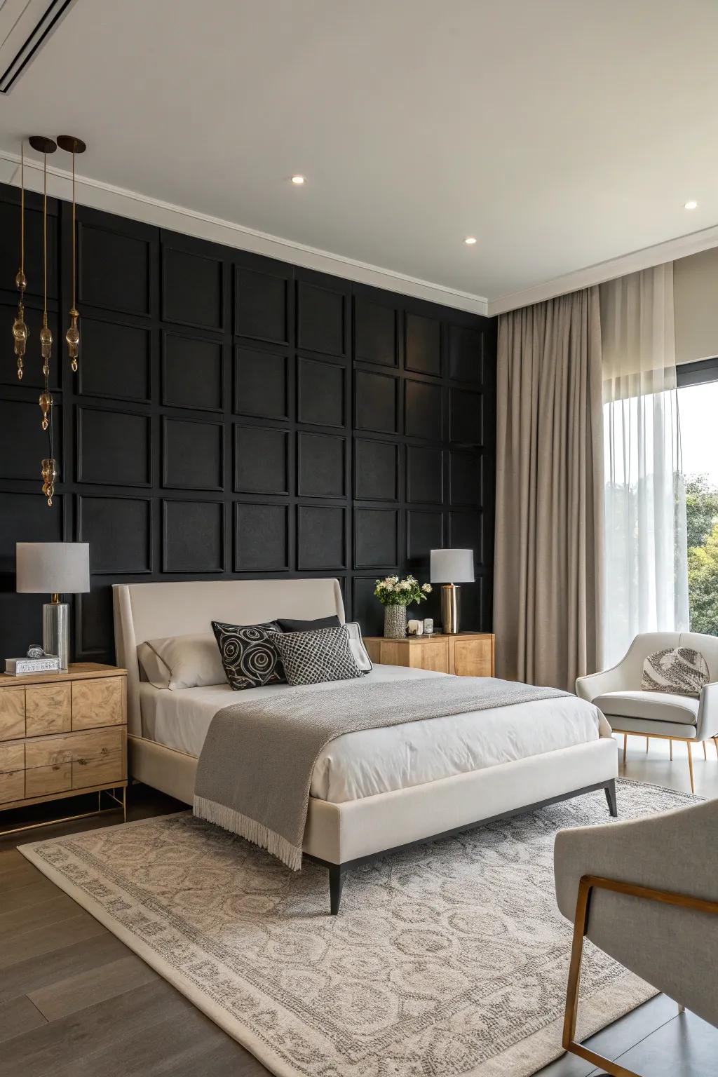 A dark accent wall adds strong contrast and beauty to the room.