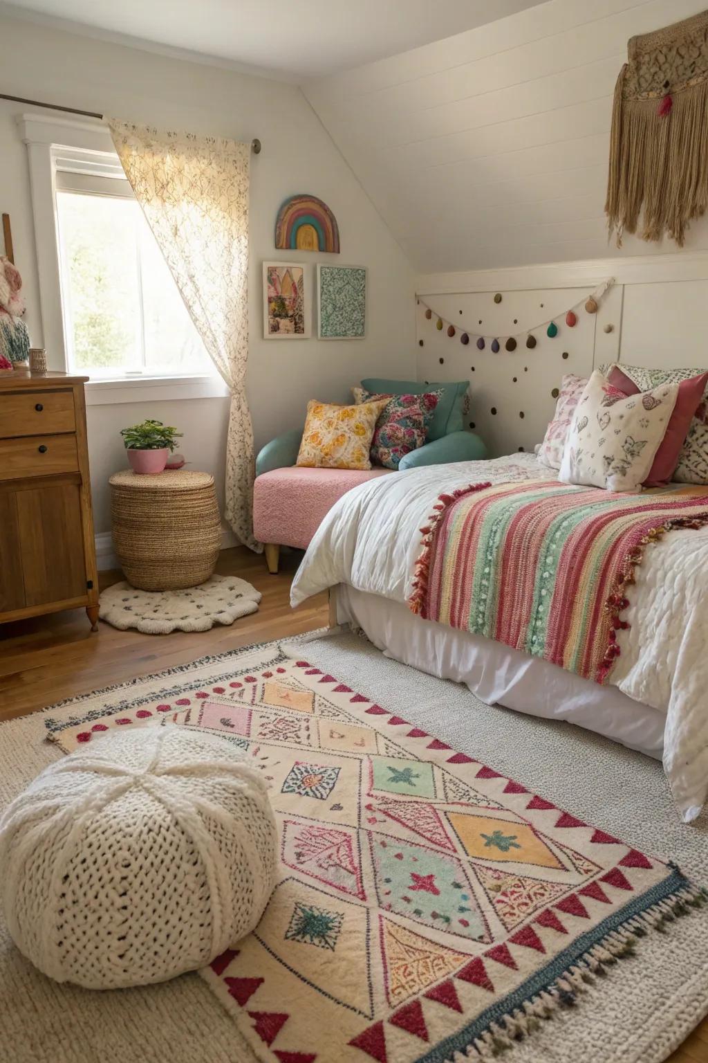 Textured tiers augment depth and warmth within the room.
