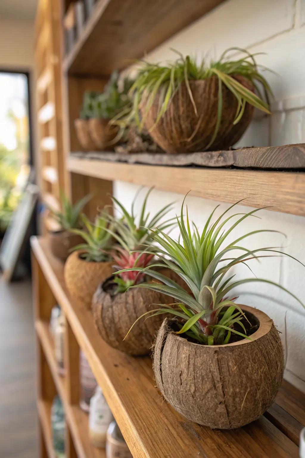 Sustainable air plant holders fashioned from coconut shells.