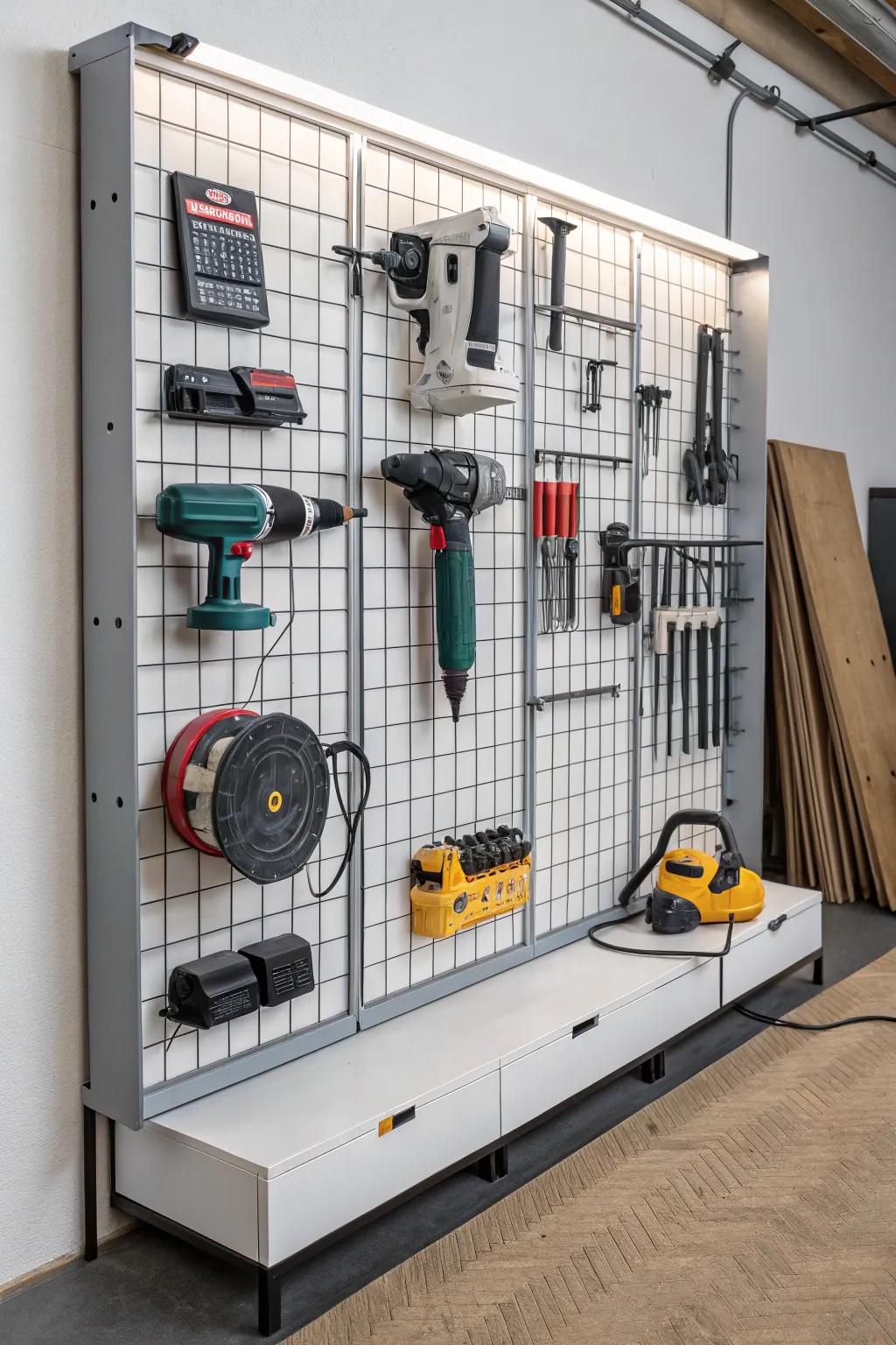 Flexible modular wall grid system for storing your tools.
