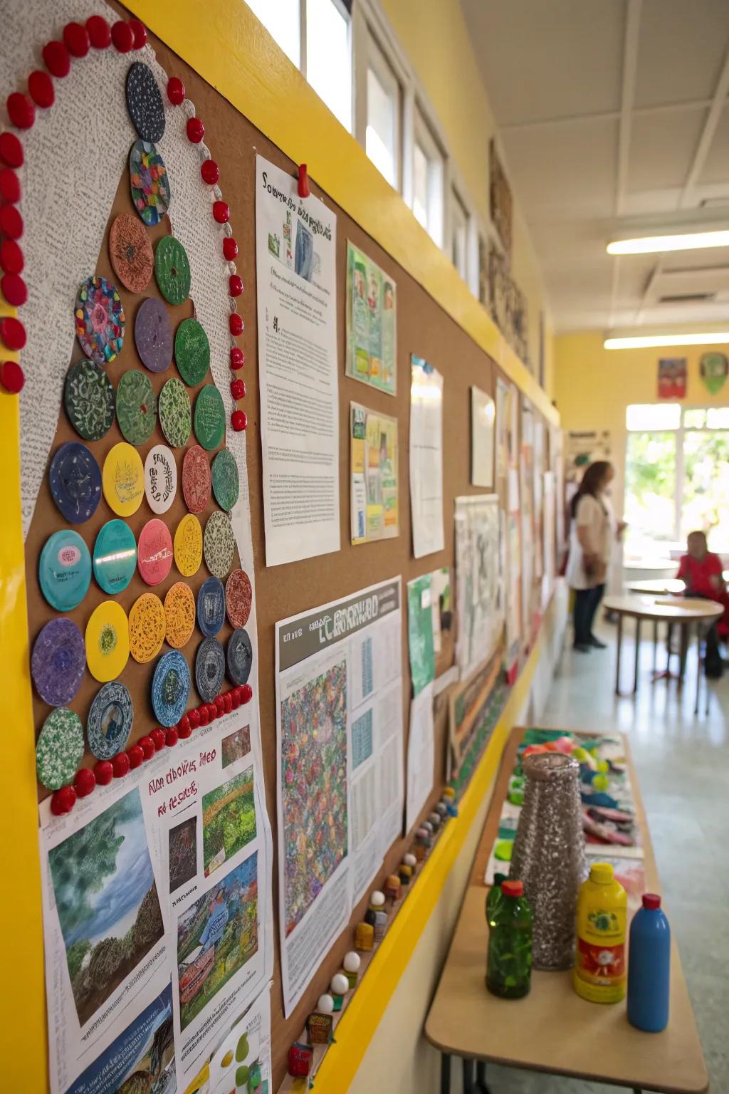A display board showcasing art made from recycled materials.