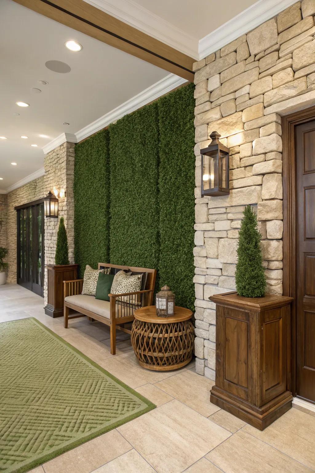 A space enriched by the combination of a fabricated grass wall using wood and stone elements.