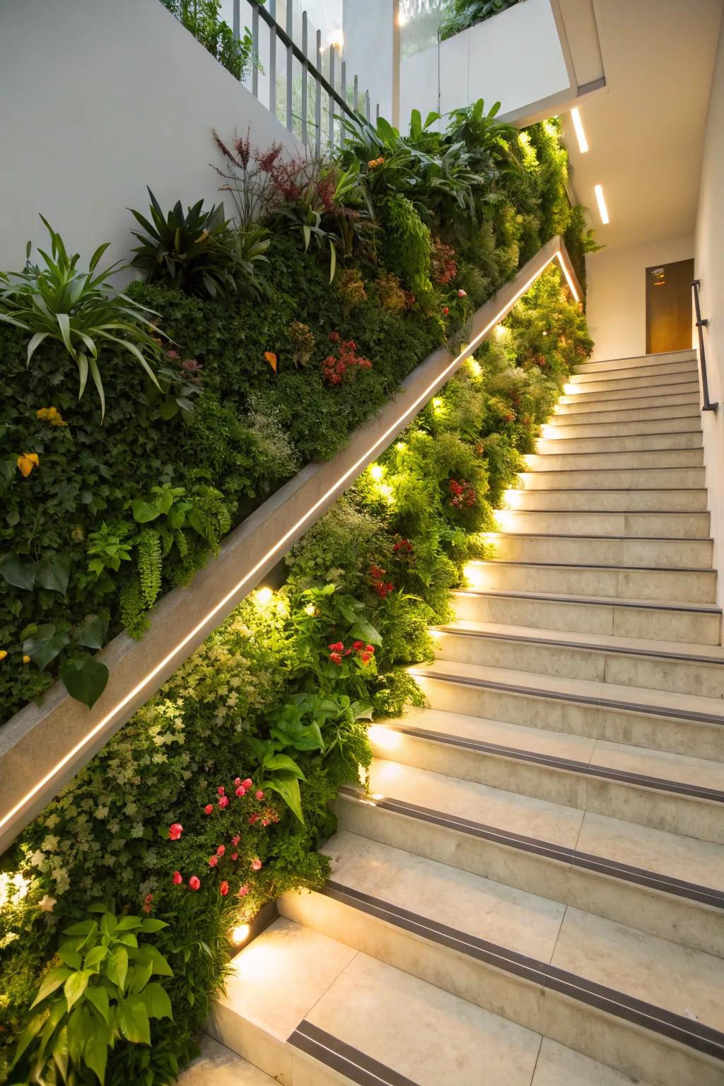 A staircase transmuted into a vertical garden, enhanced by dedicated flora lighting.