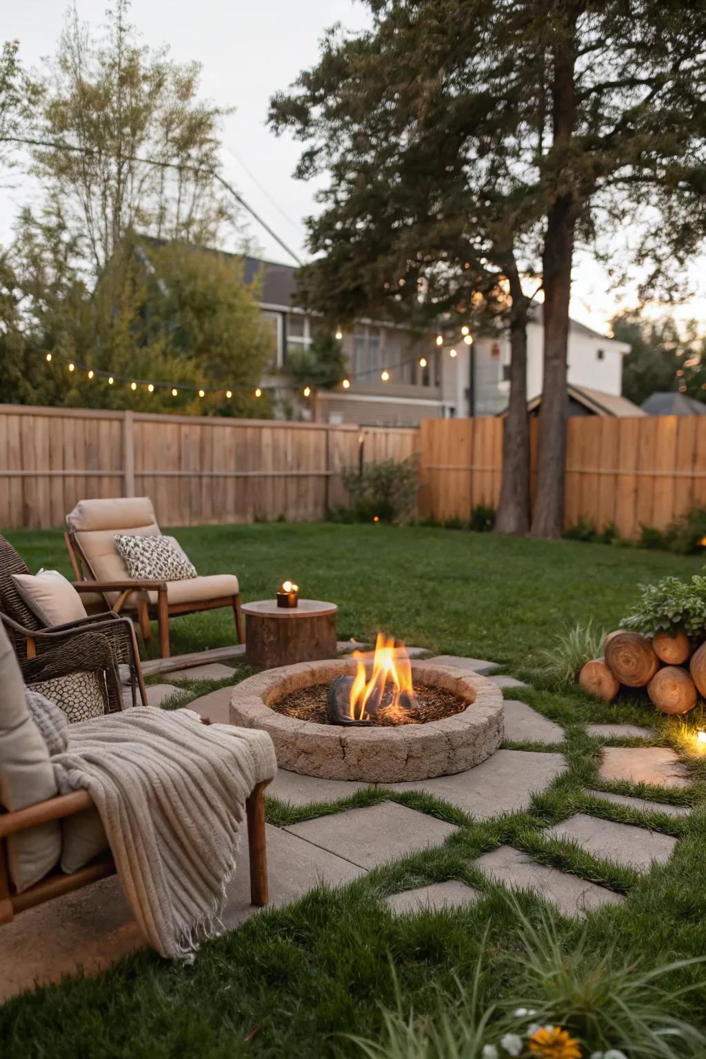 Natural turf seating offers comfort and seamless integration with the garden.