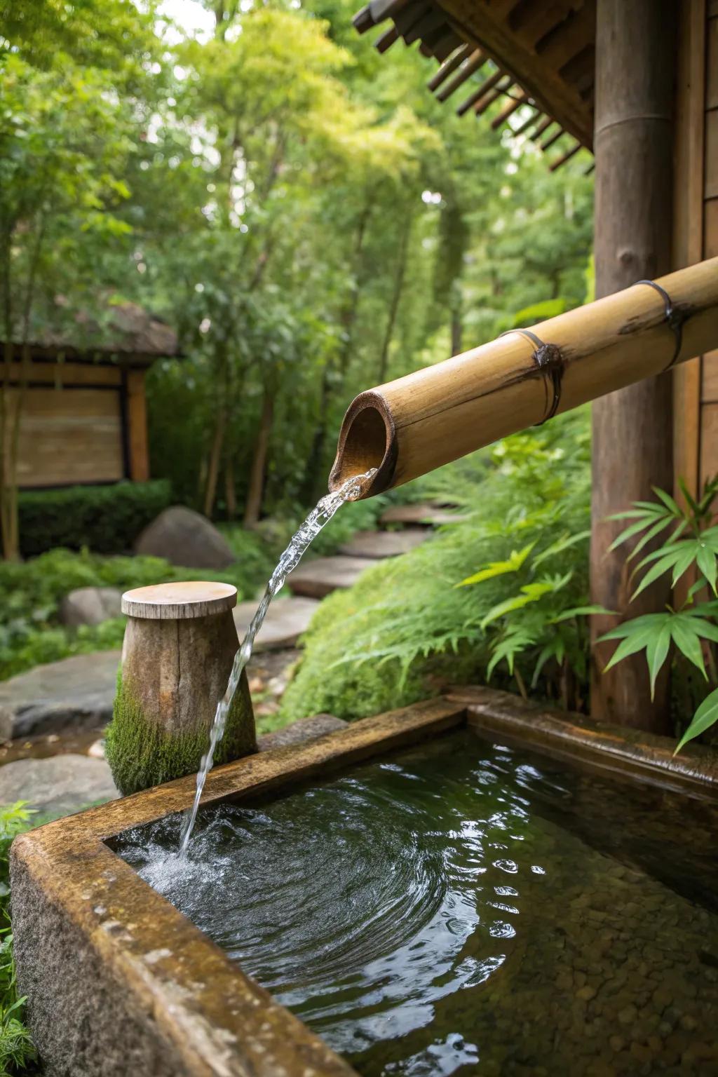 A bamboo spout cascade imparts East Asian tranquility to your garden.