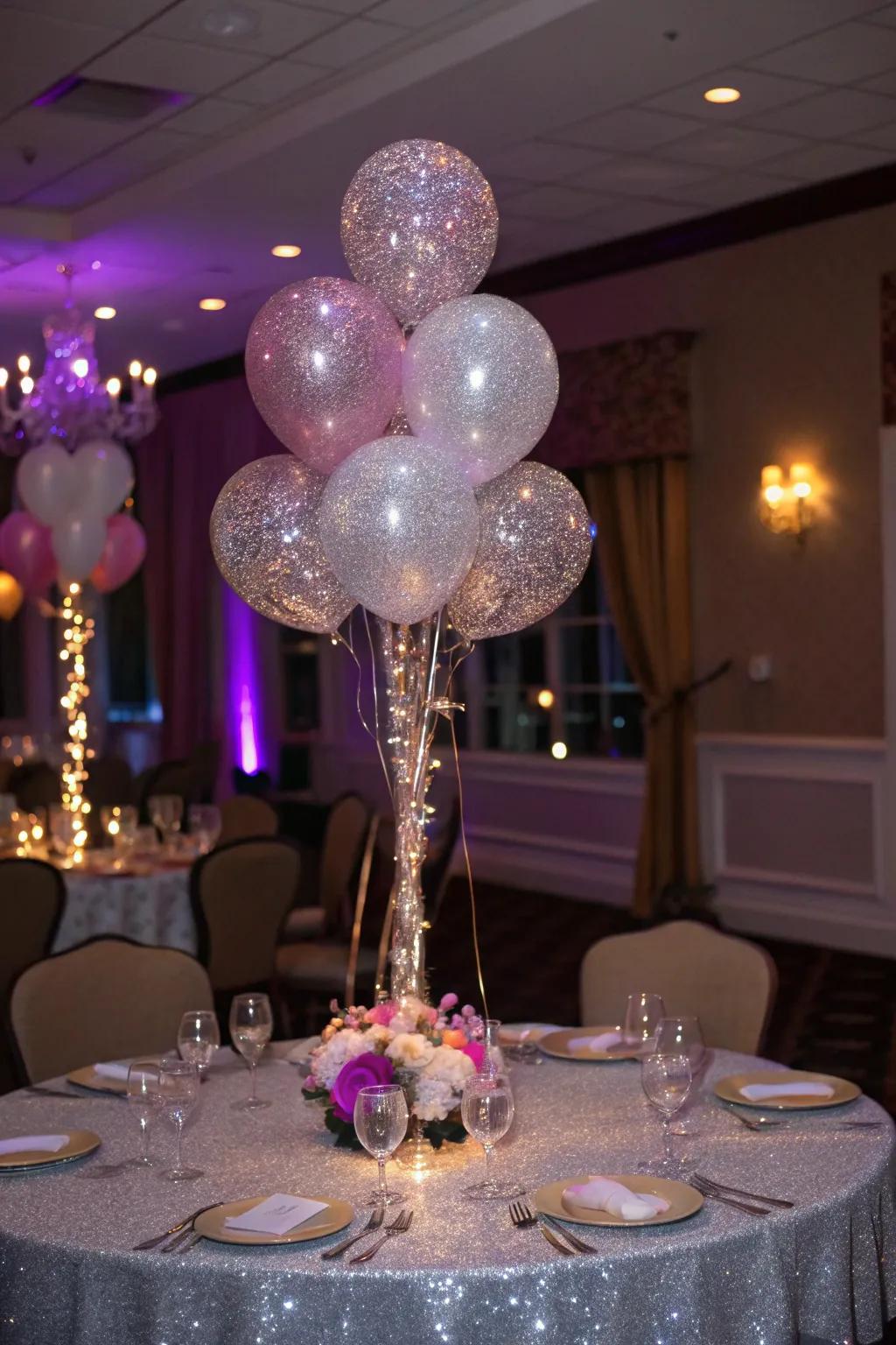Glitter-enshrouded balloons append sparkle and glamour.