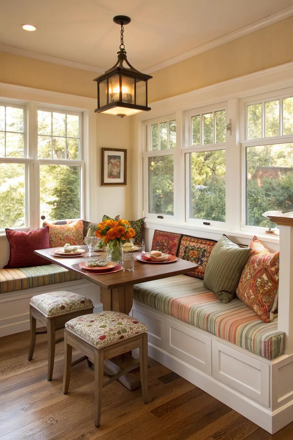 A personalized dining area features seating with custom cushions.