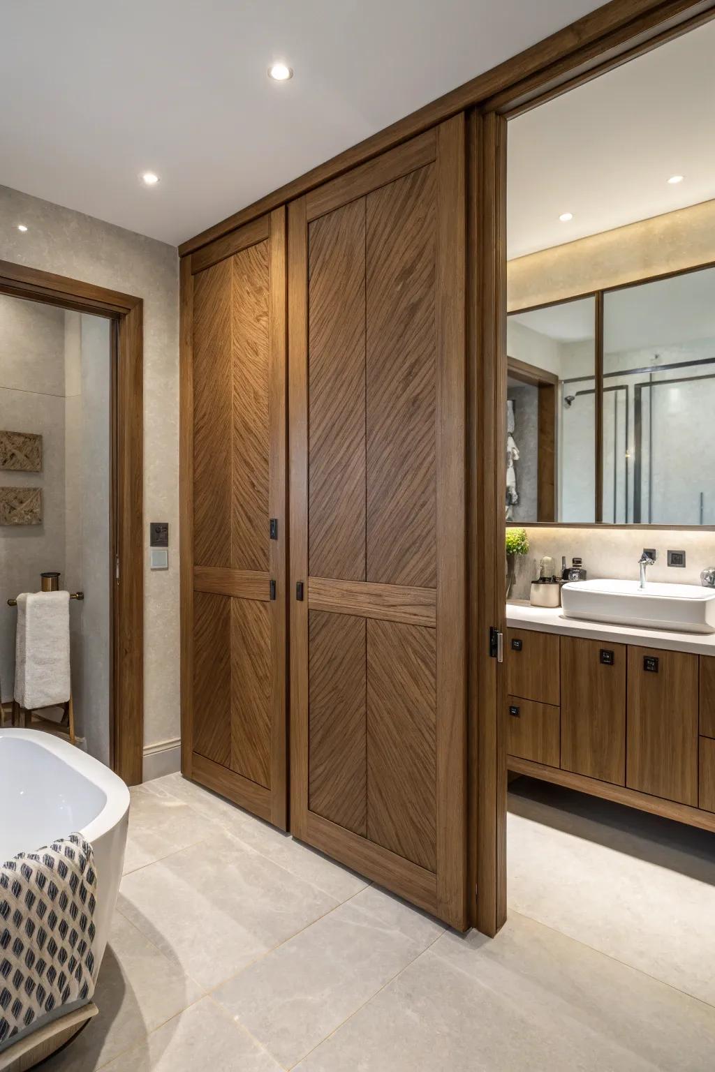 Wood paneling adds elegance to wardrobe doors.