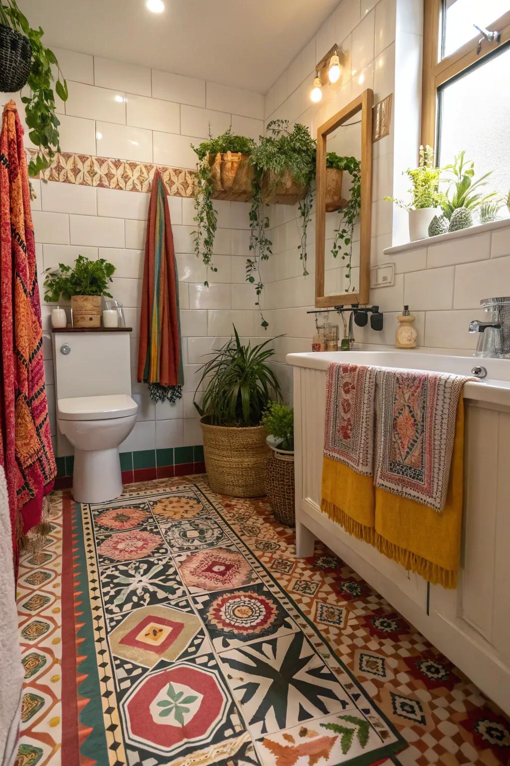 Bohemian-style floor covering adds a whimsical touch to this eclectic bathroom.