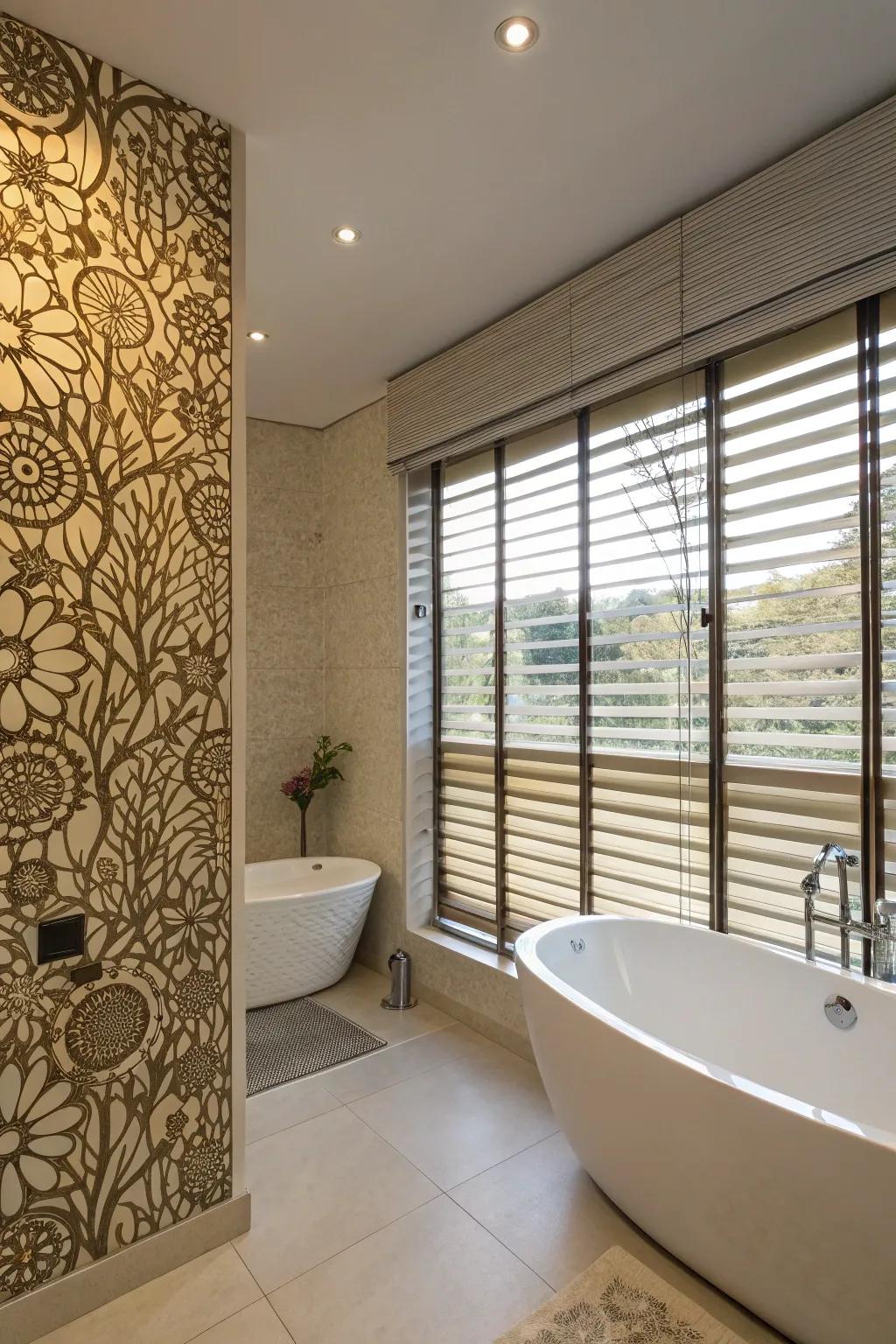 Artistic solutions like wall shades contribute distinctive appeal to bathrooms.
