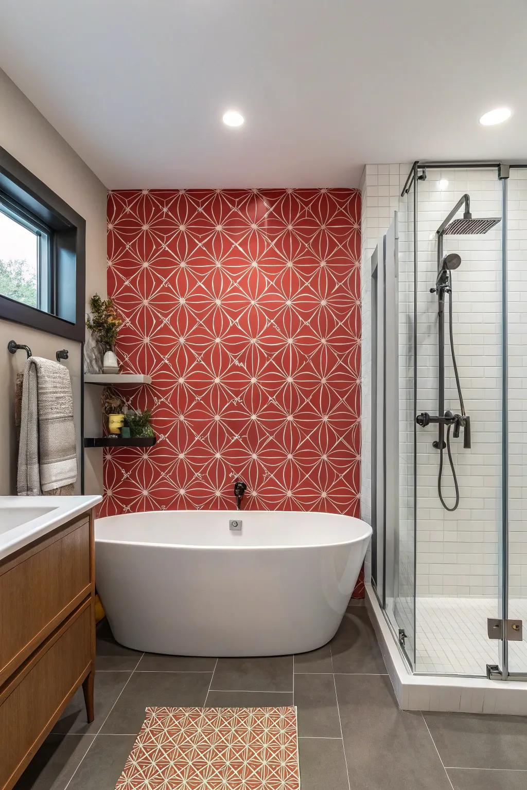 Strong accent wall creating a striking statement inside the bathroom.