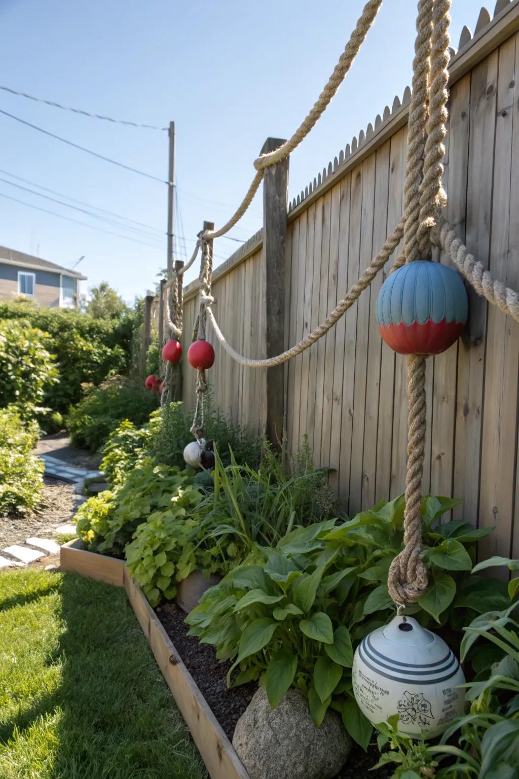Ropes and buoys add a classic nautical touch to outdoor decor.