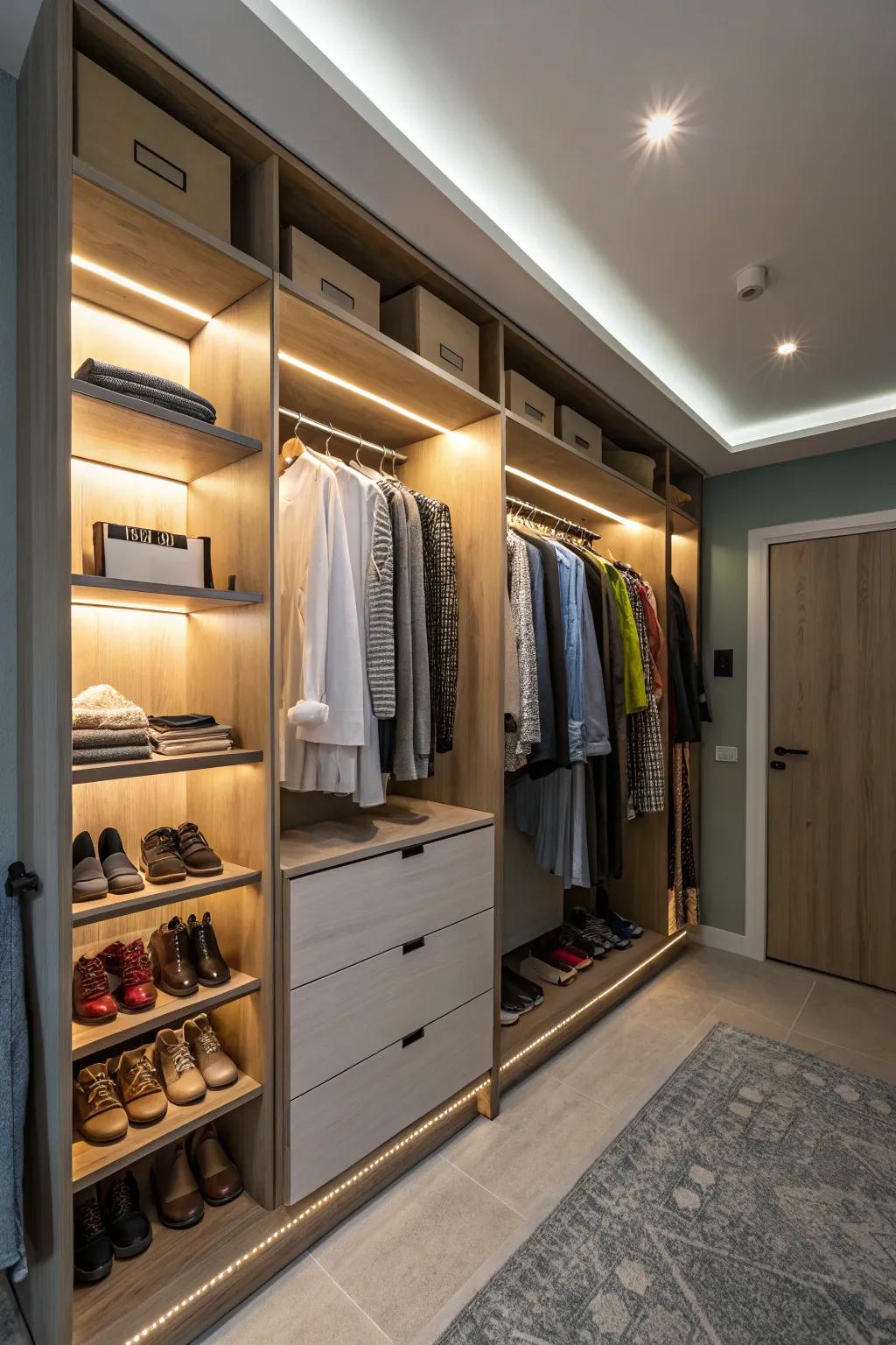 Smart lighting not only works great but will also lift the atmosphere of your closet.