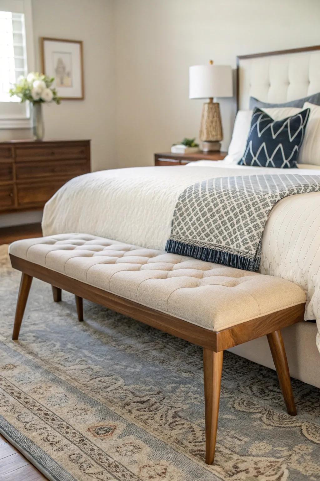 A mid-century modern bench in a sleeping quarters, providing both design and function.