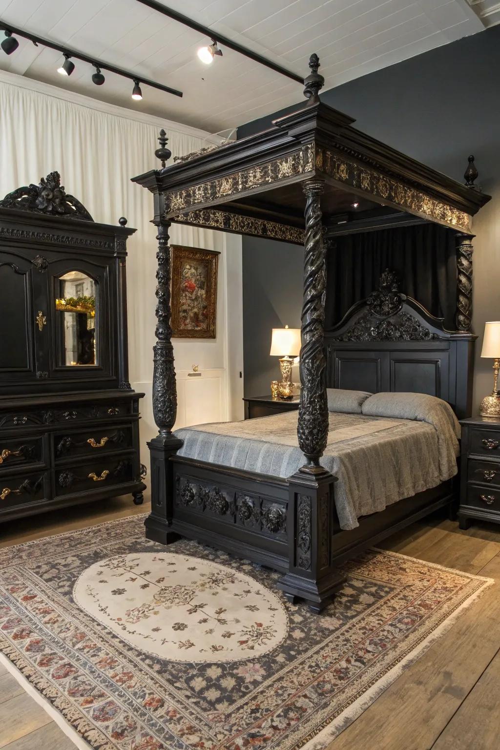 Vintage accessories add character and contrast to a room accented with modern black furniture.