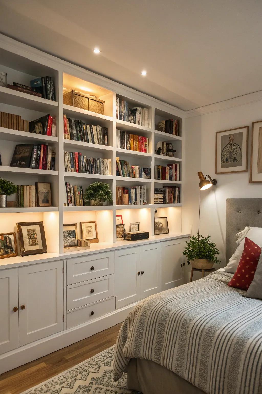 A bedroom featuring functional and stylish built-in shelving.