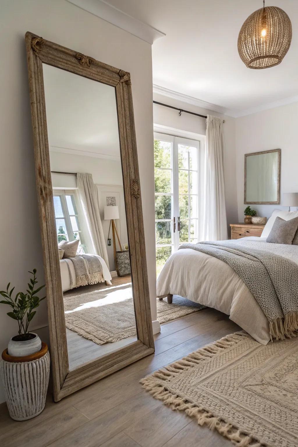 Strategic mirror placement amplifies light and space in the bedroom.