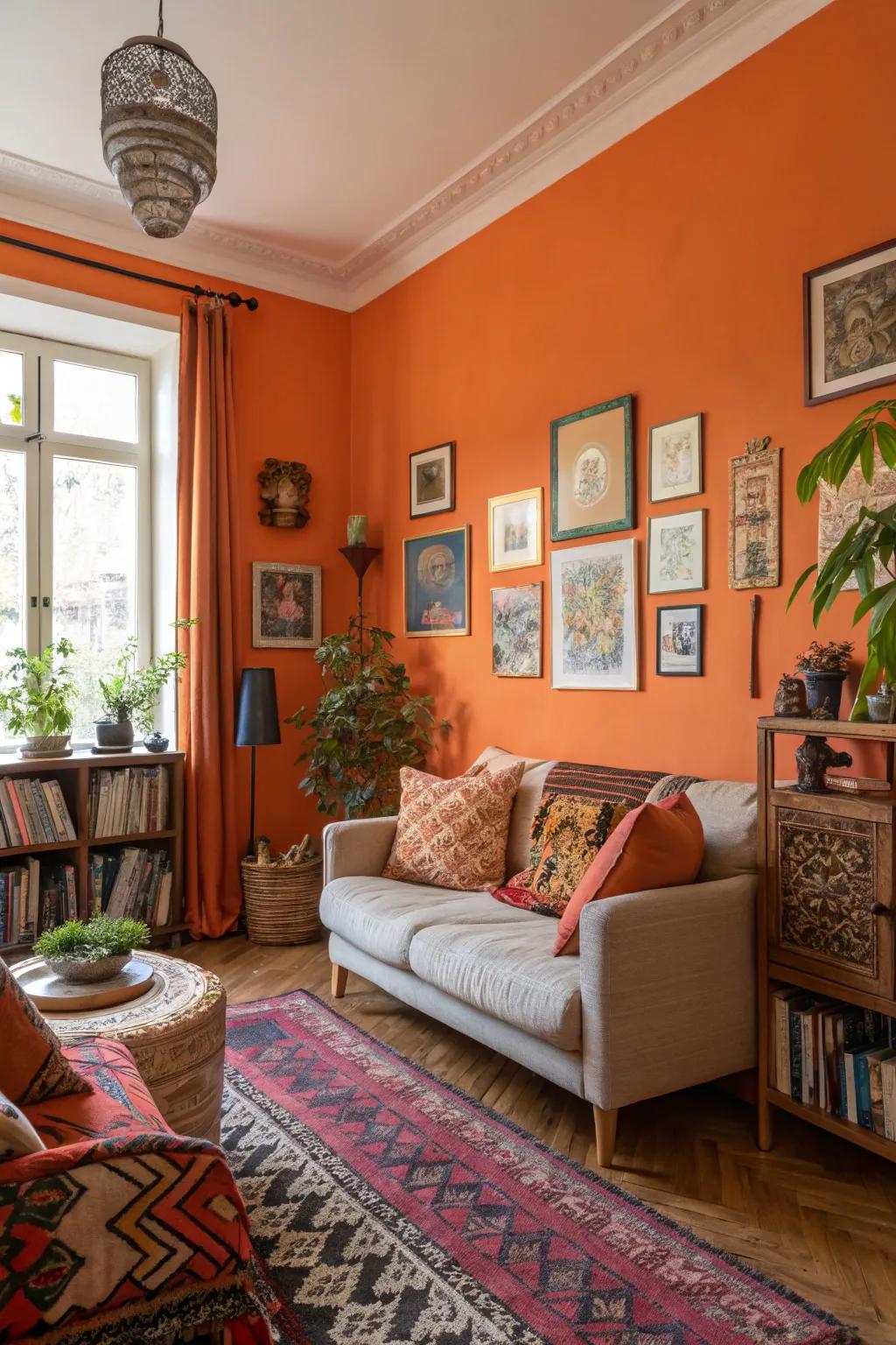 Walls painted tangerine fill the room with vibrant energy.