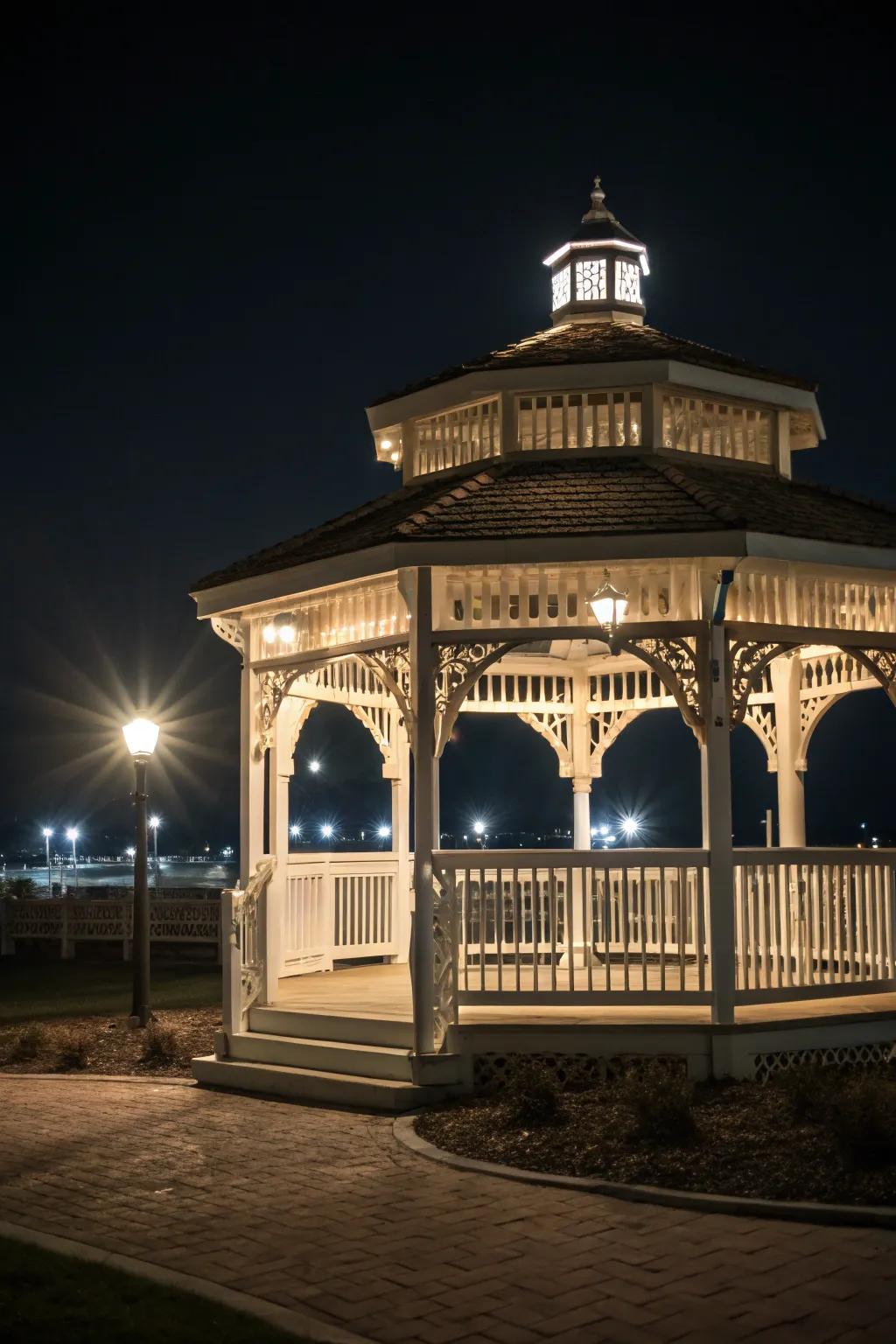 Spotlights accentuate architectural attributes, contributing depth and drama.