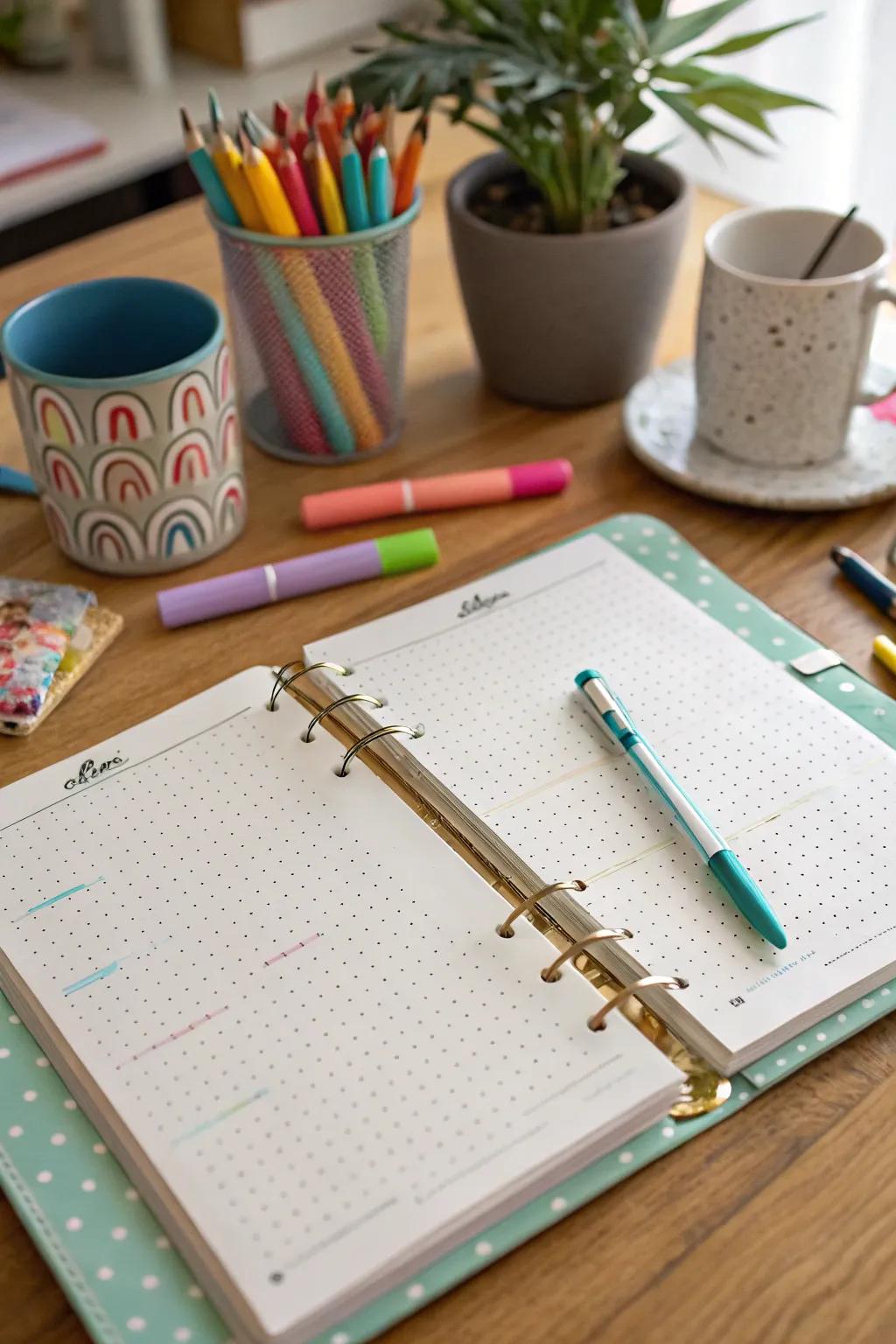 Bullet journal binder for personalized planning.