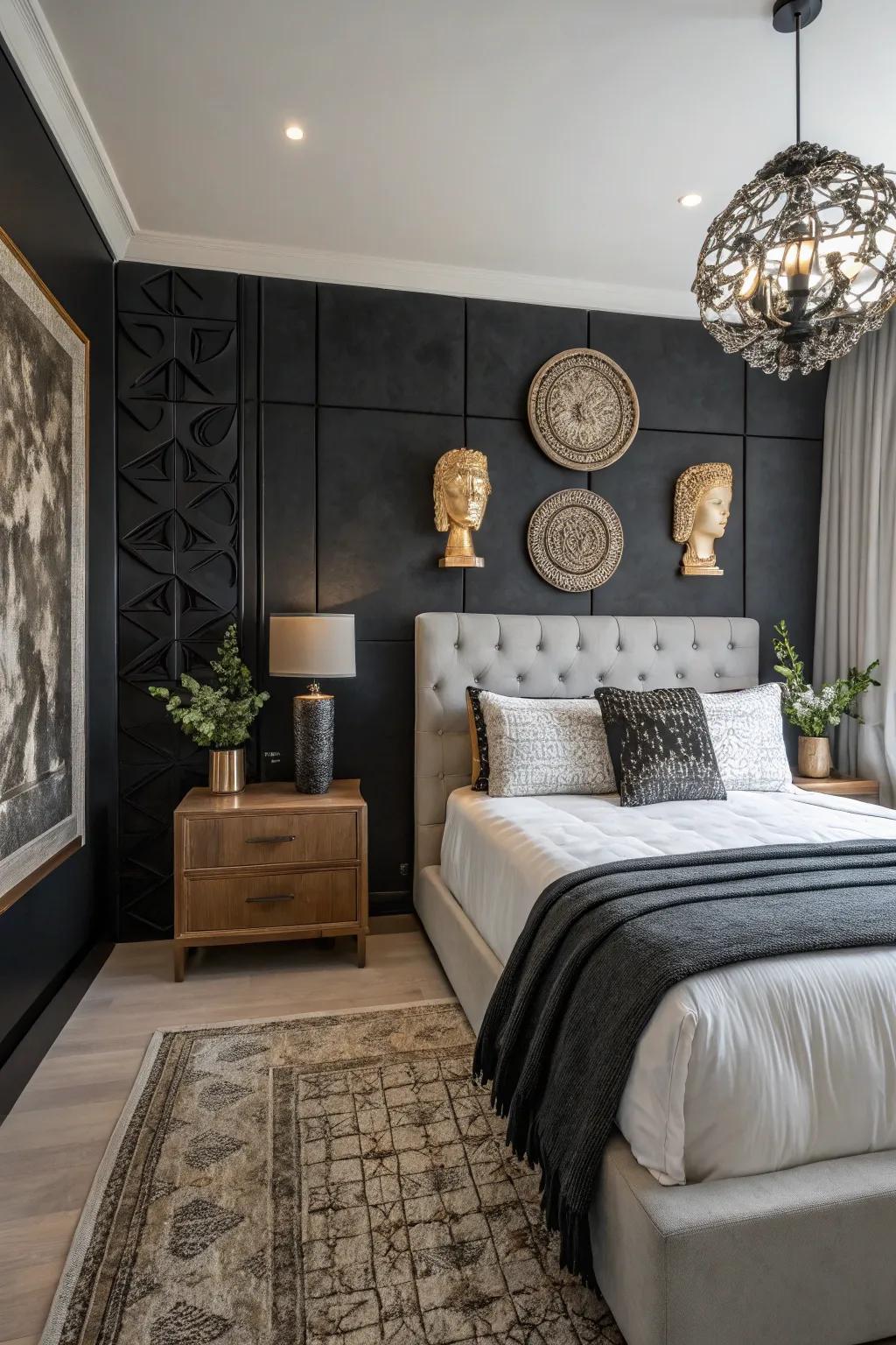 Sculptural decor makes an artistic statement against a black accent wall.